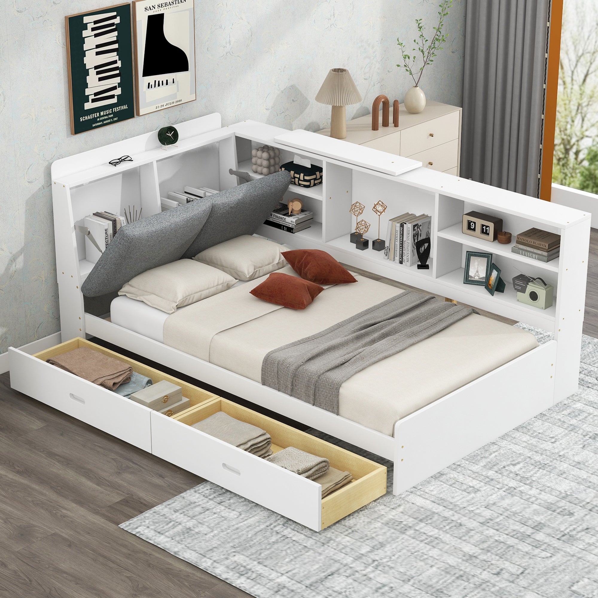 Twin Platform Bed with Bookcase Headboard and Drawer