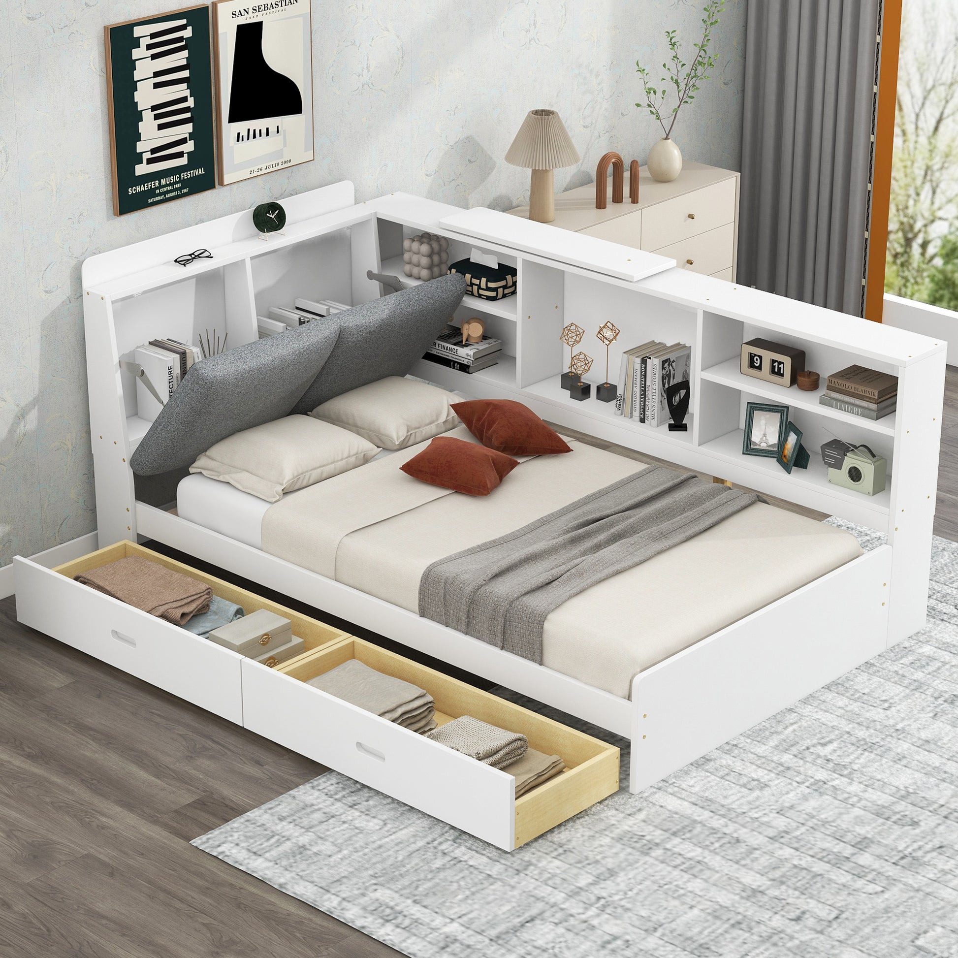 Twin Platform Bed with Bookcase Headboard and Drawer