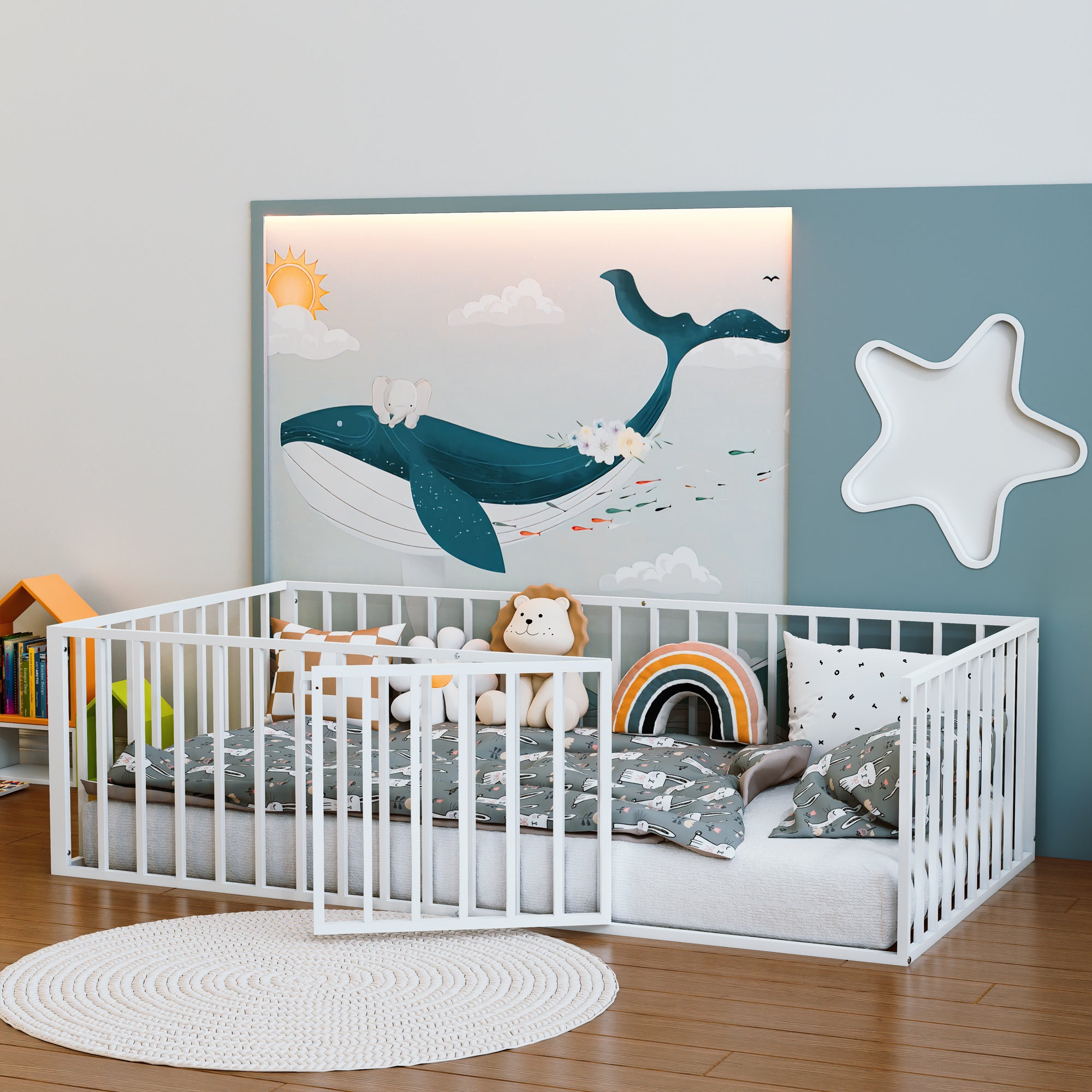 Twin Size Metal Montessori Floor Bed with Open Gate