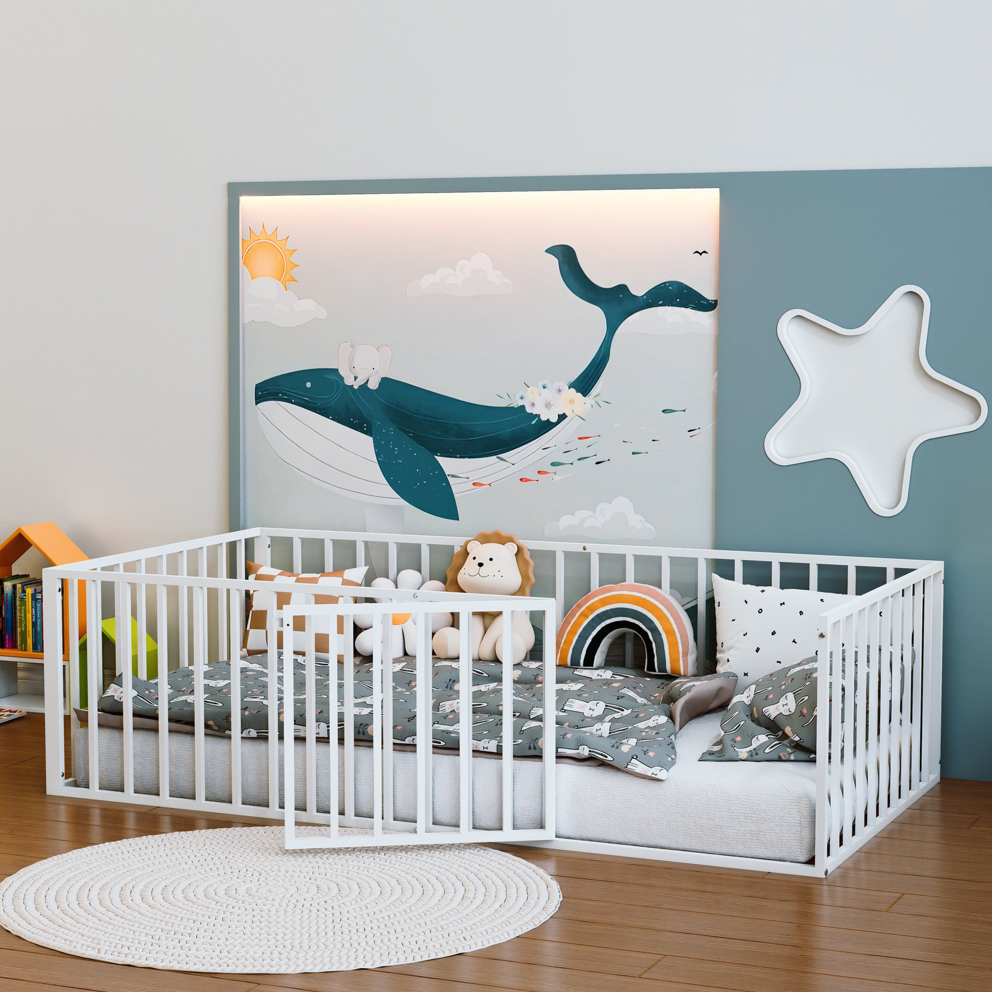 Twin Size Metal Montessori Floor Bed with Open Gate