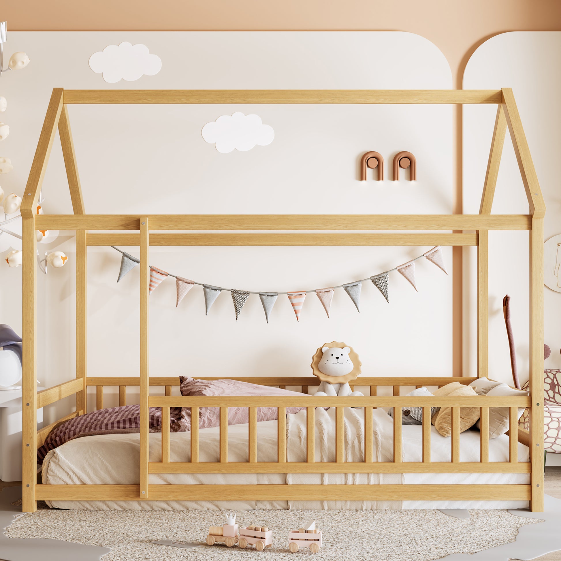 Twin Pine House Floor Bed with Full Guardrails