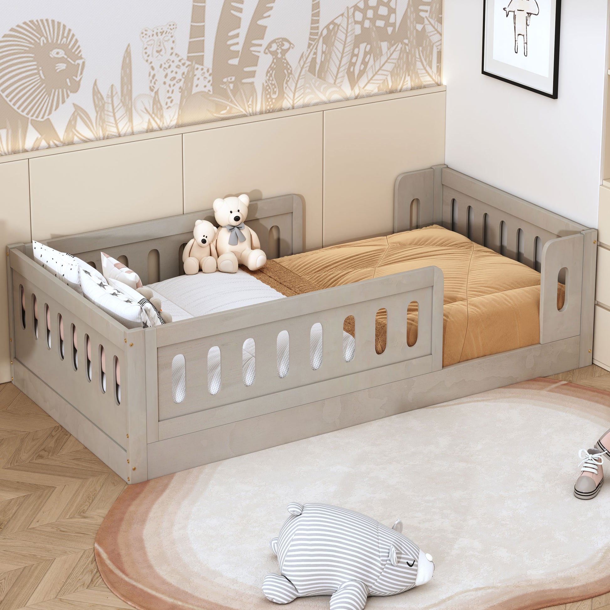 Twin Size Wood Floor Bed Frame with Guardrails