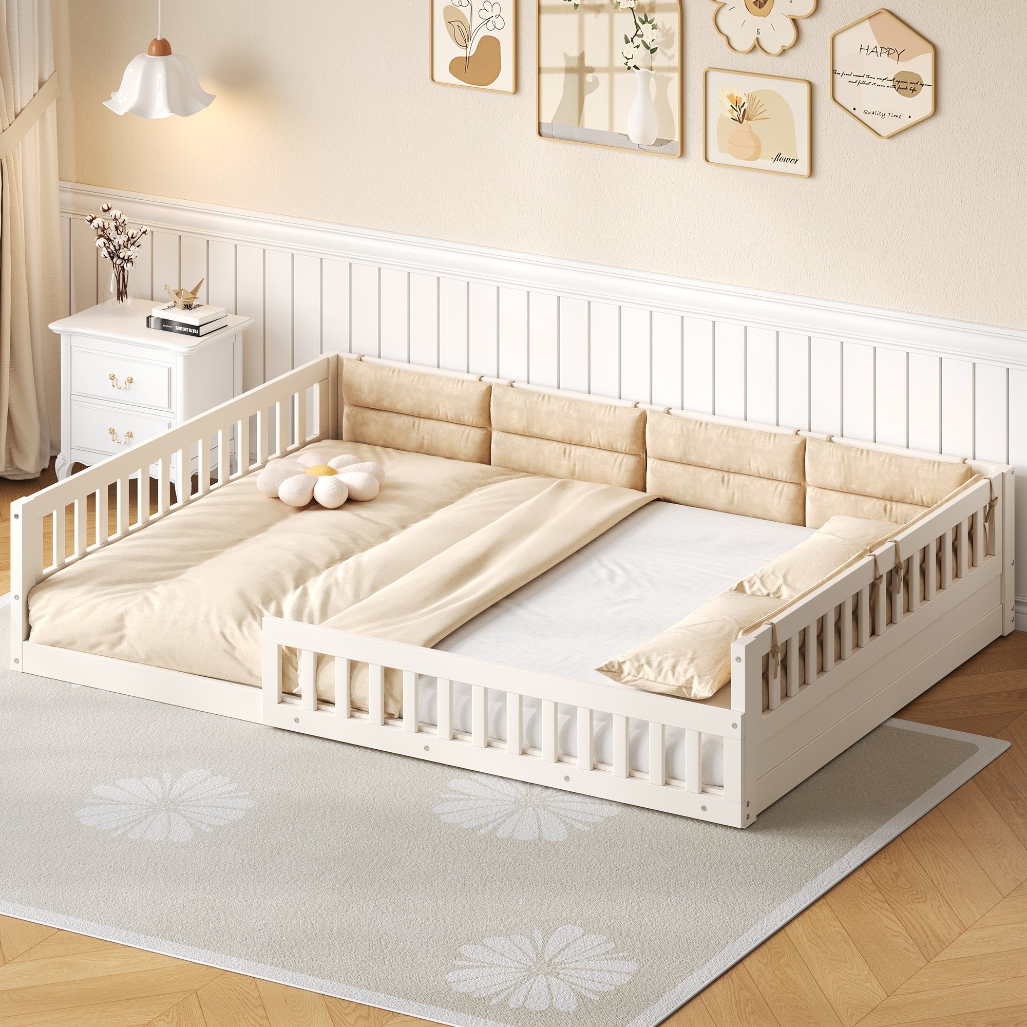 Full Size Wood Floor Bed Frame with Safety Rails