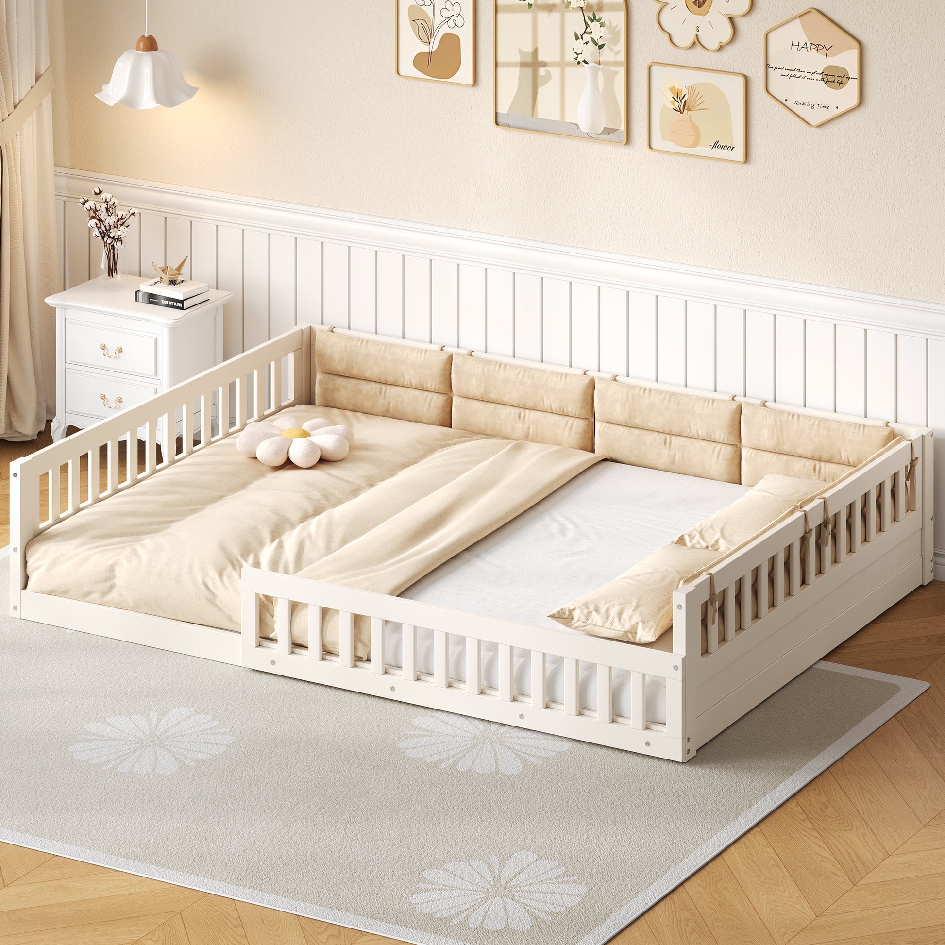 Full Size Wood Floor Bed Frame with Safety Rails