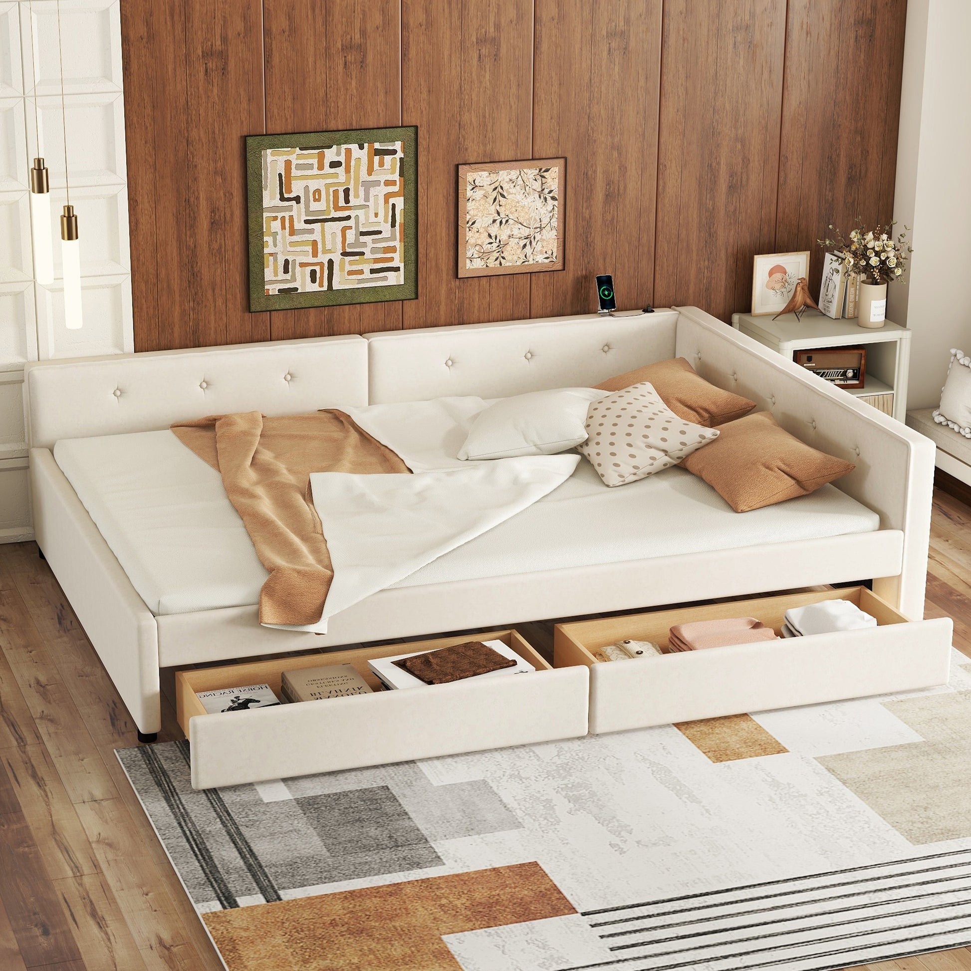 Full Size Upholstered Platform Bed with Drawers