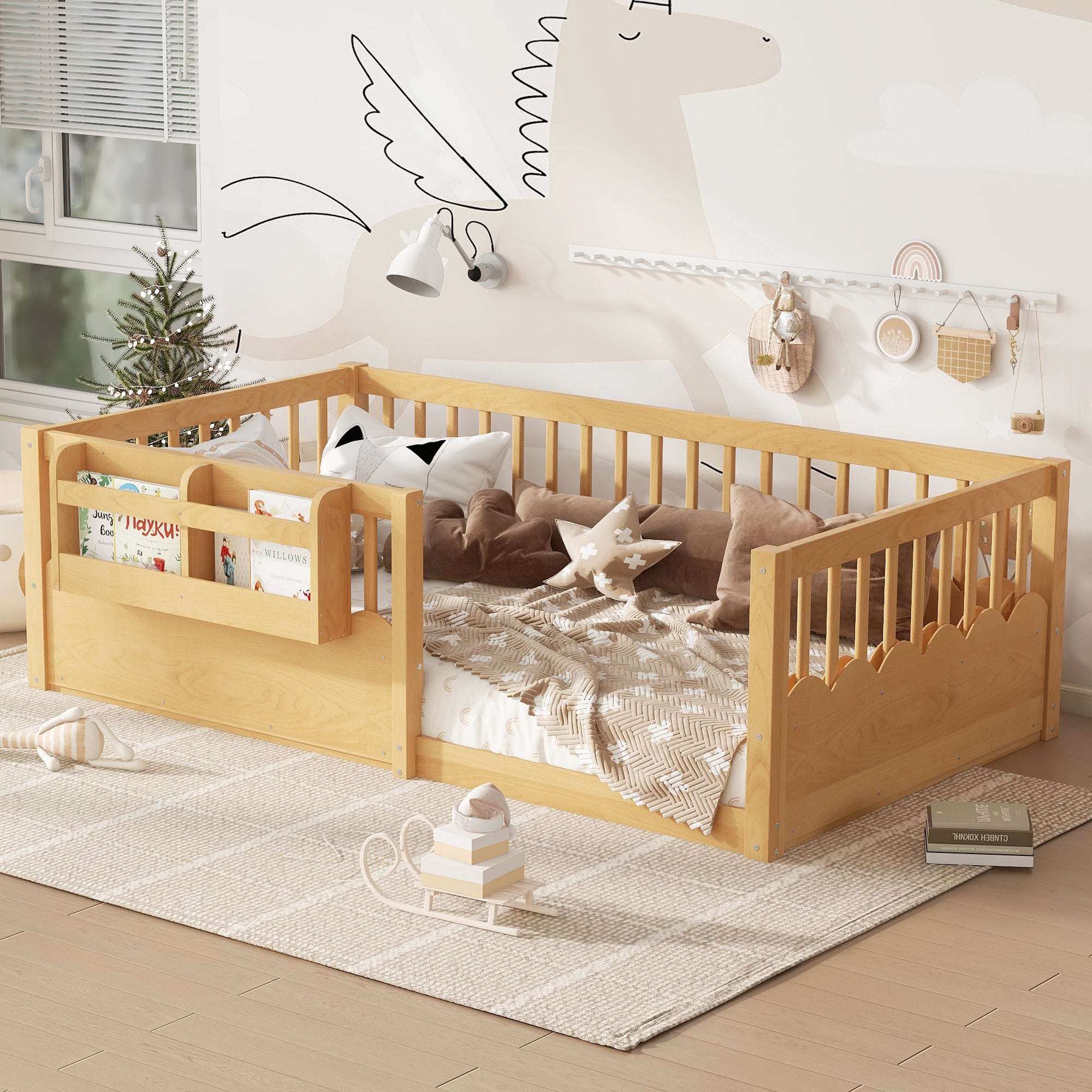 Twin Floor Bed with Heightened Fence and Drawers