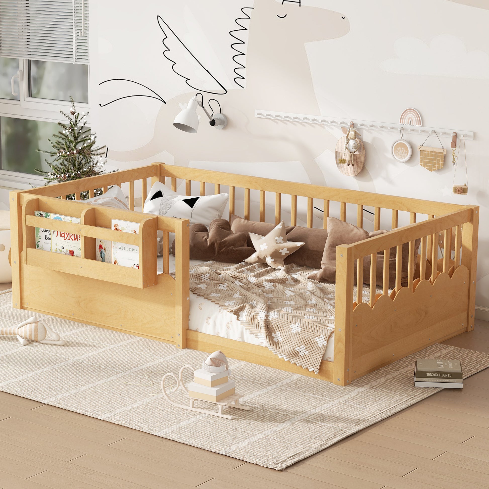 Twin Floor Bed with Heightened Fence and Drawers