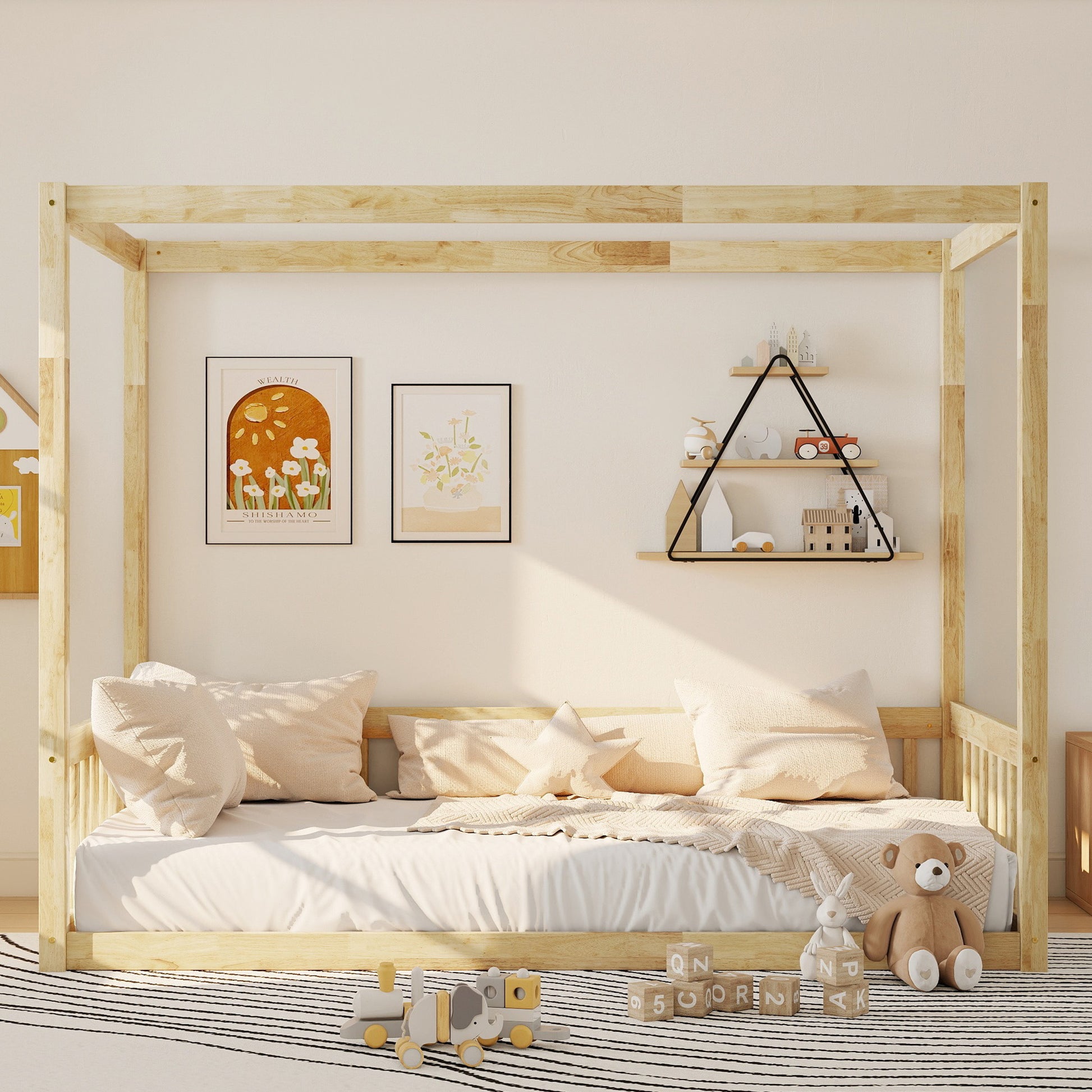 Twin Canopy Floor Bed with Fence, Rubber Wood