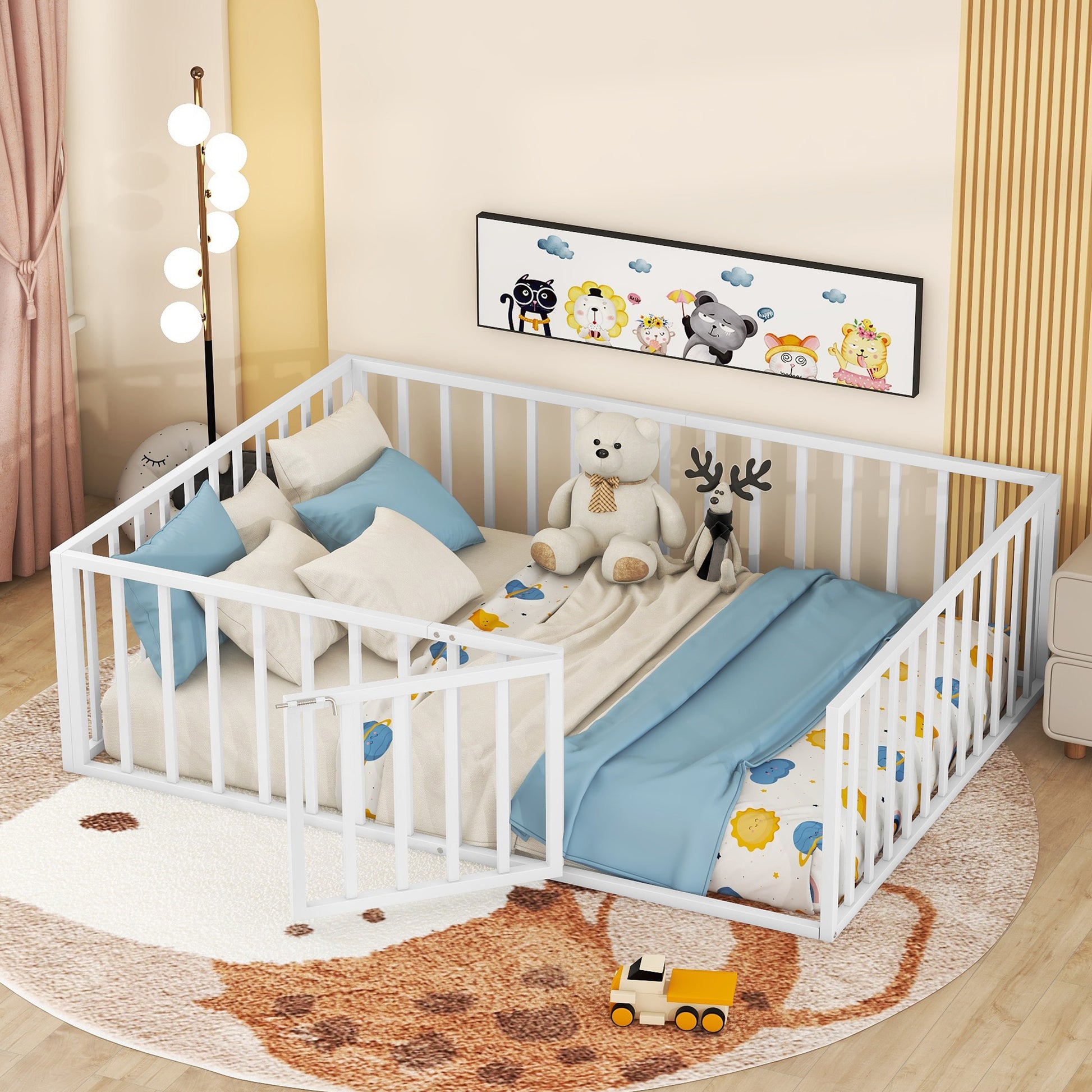Full Size Metal Floor Bed Frame with Fence