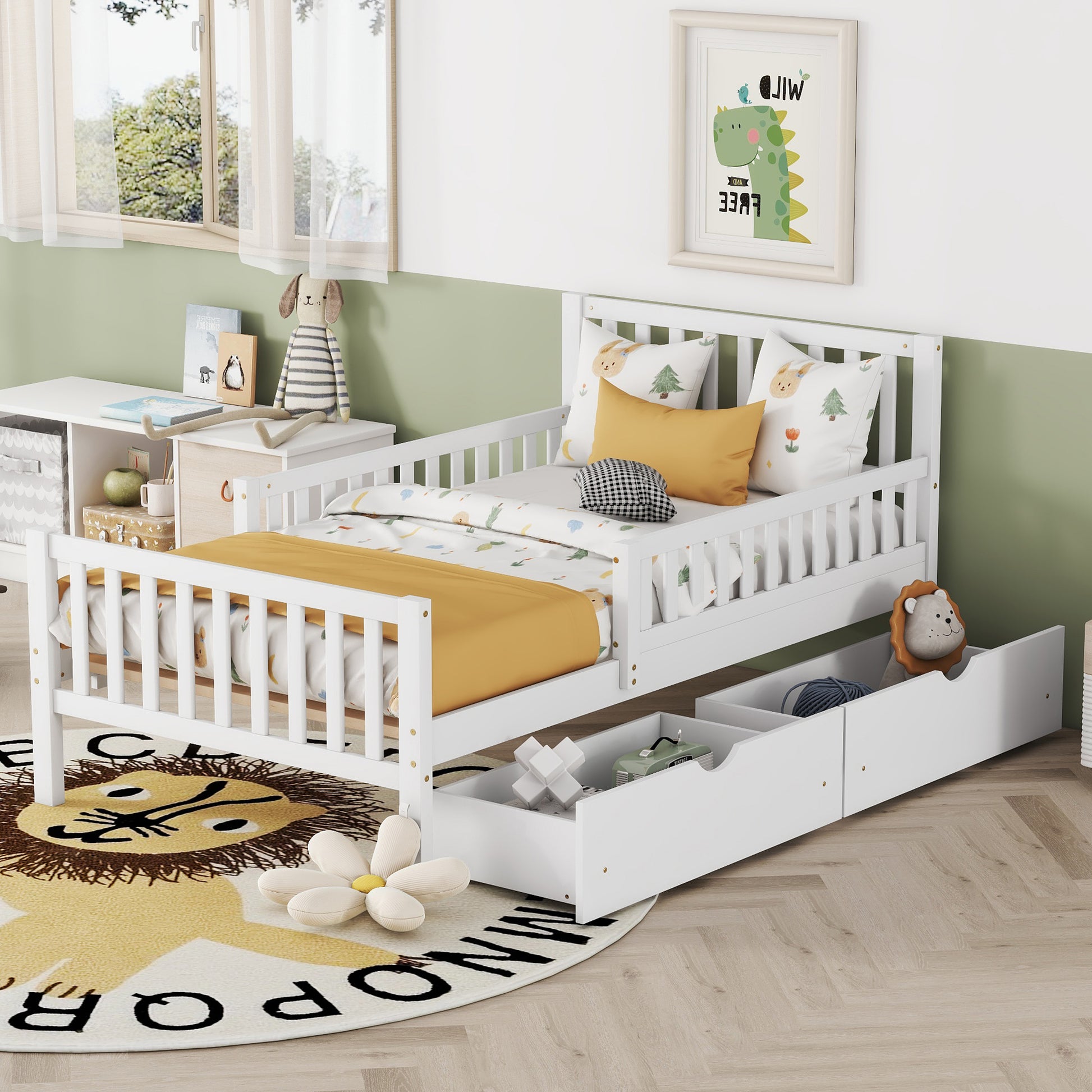 Twin Platform Bed with Guardrails and 2 Storage Drawers