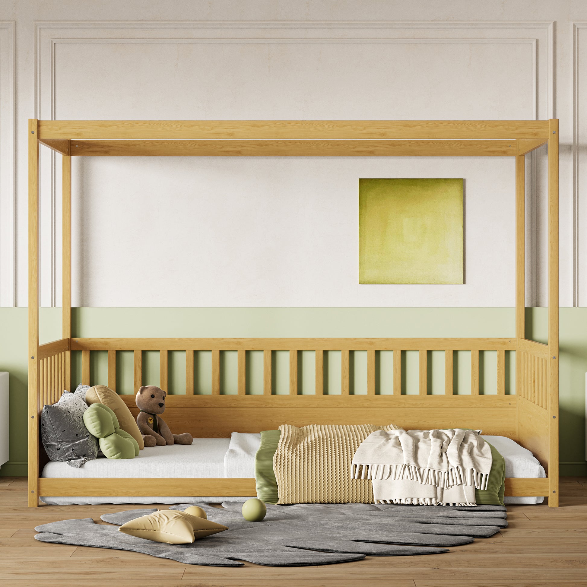 Twin Pine Canopy Floor Bed with Three-Side Rails