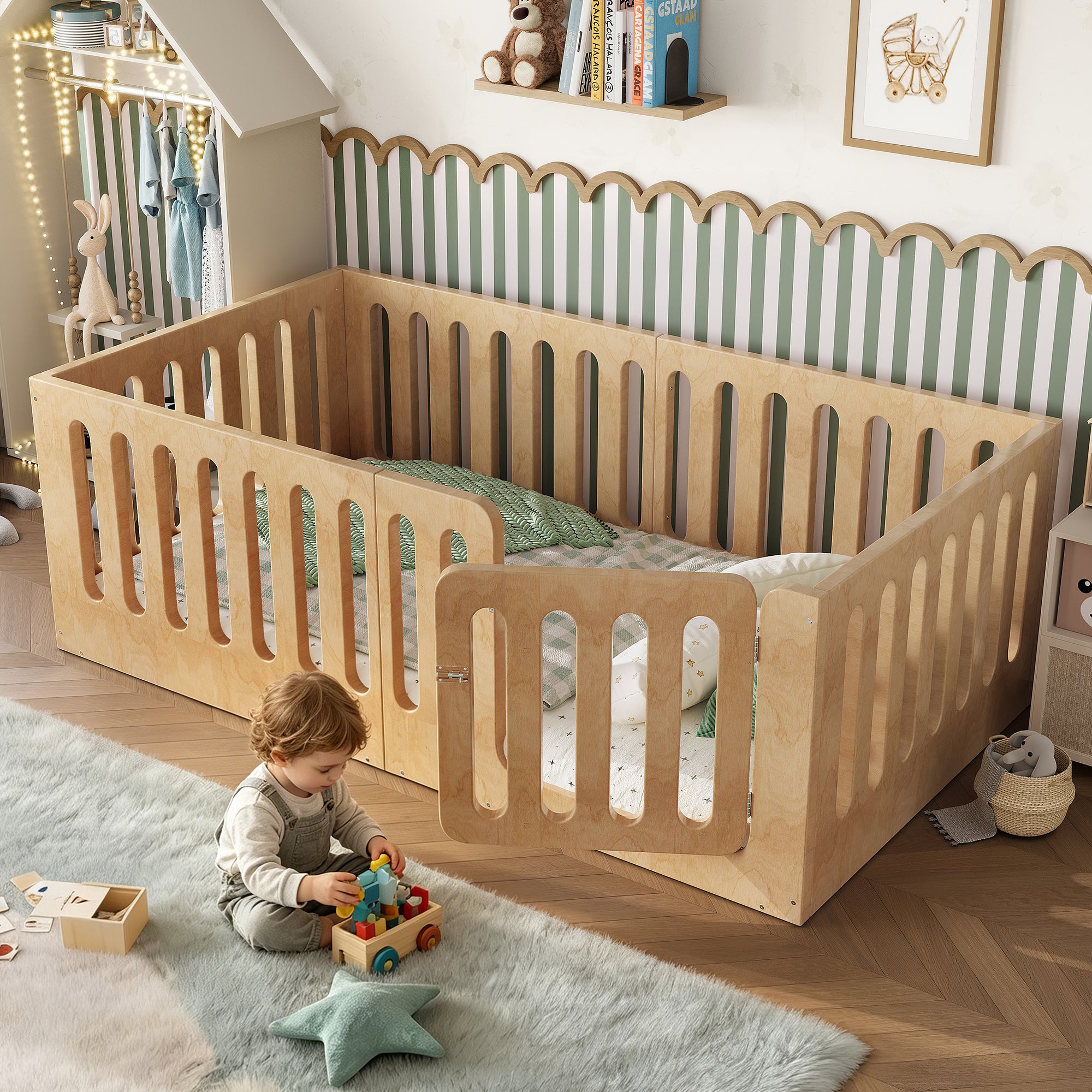 Twin Size Plywood Floor Bed with High Fence and Door