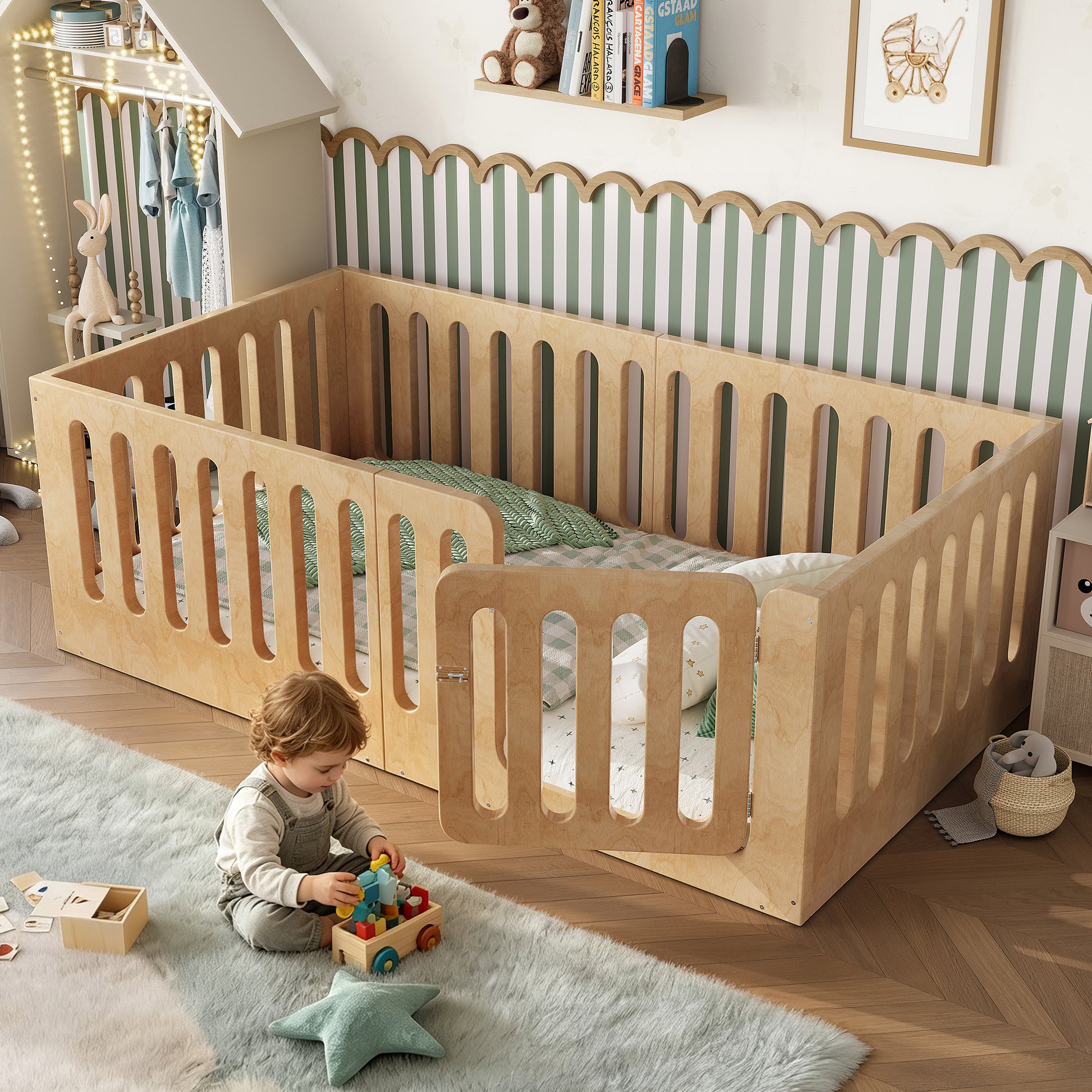 Twin Size Plywood Floor Bed with High Fence and Door