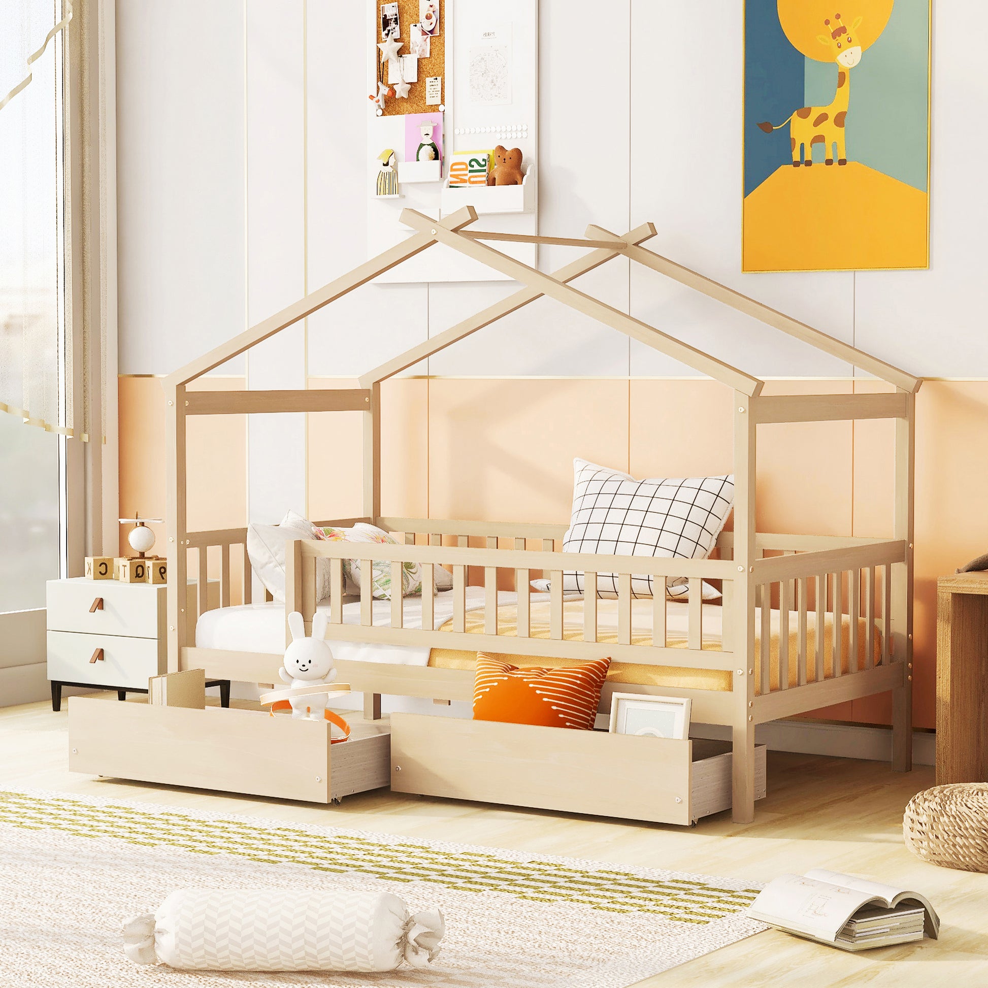 Twin Size Wood House Bed with Storage Drawers