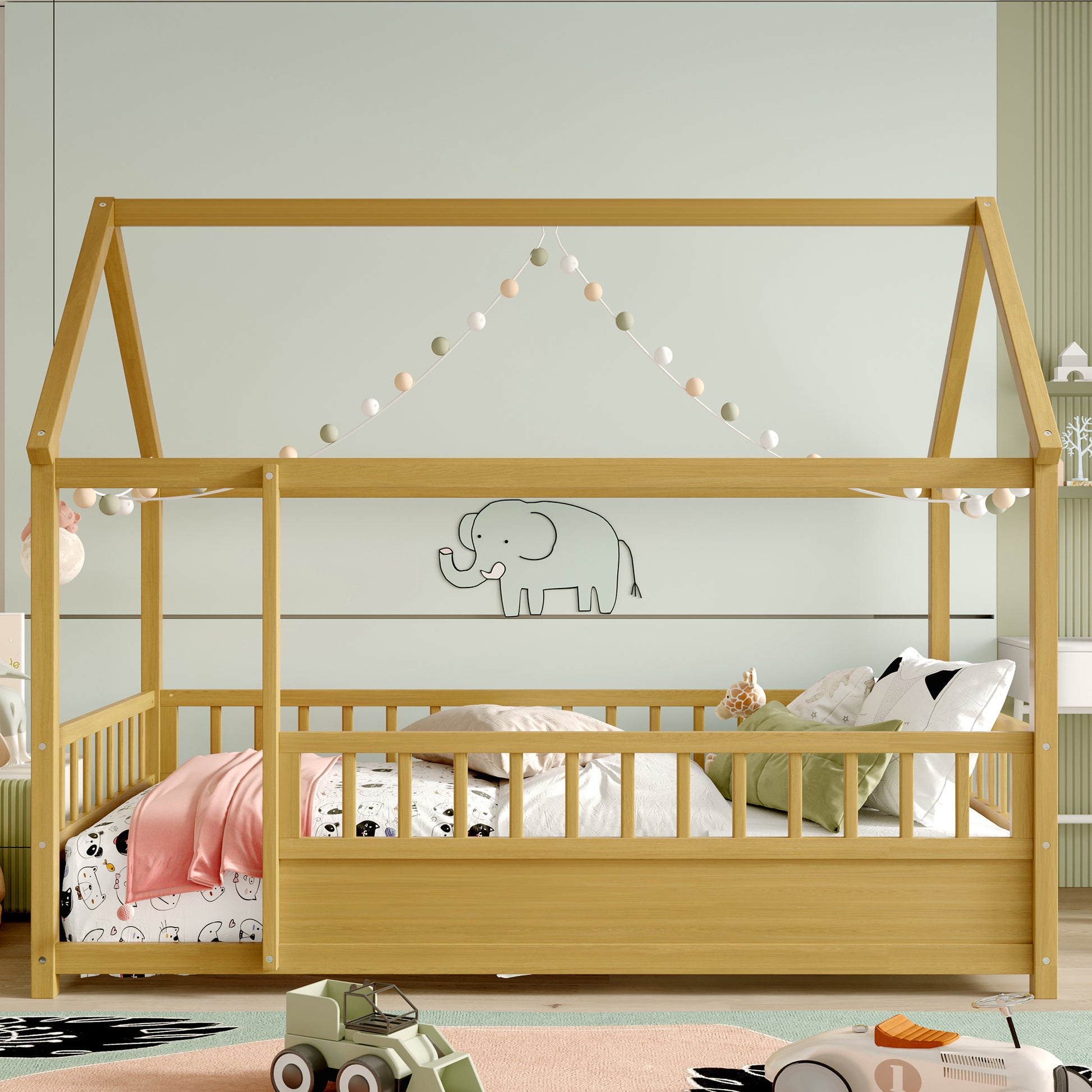 Twin Size Pine House Floor Bed with Safety Rails