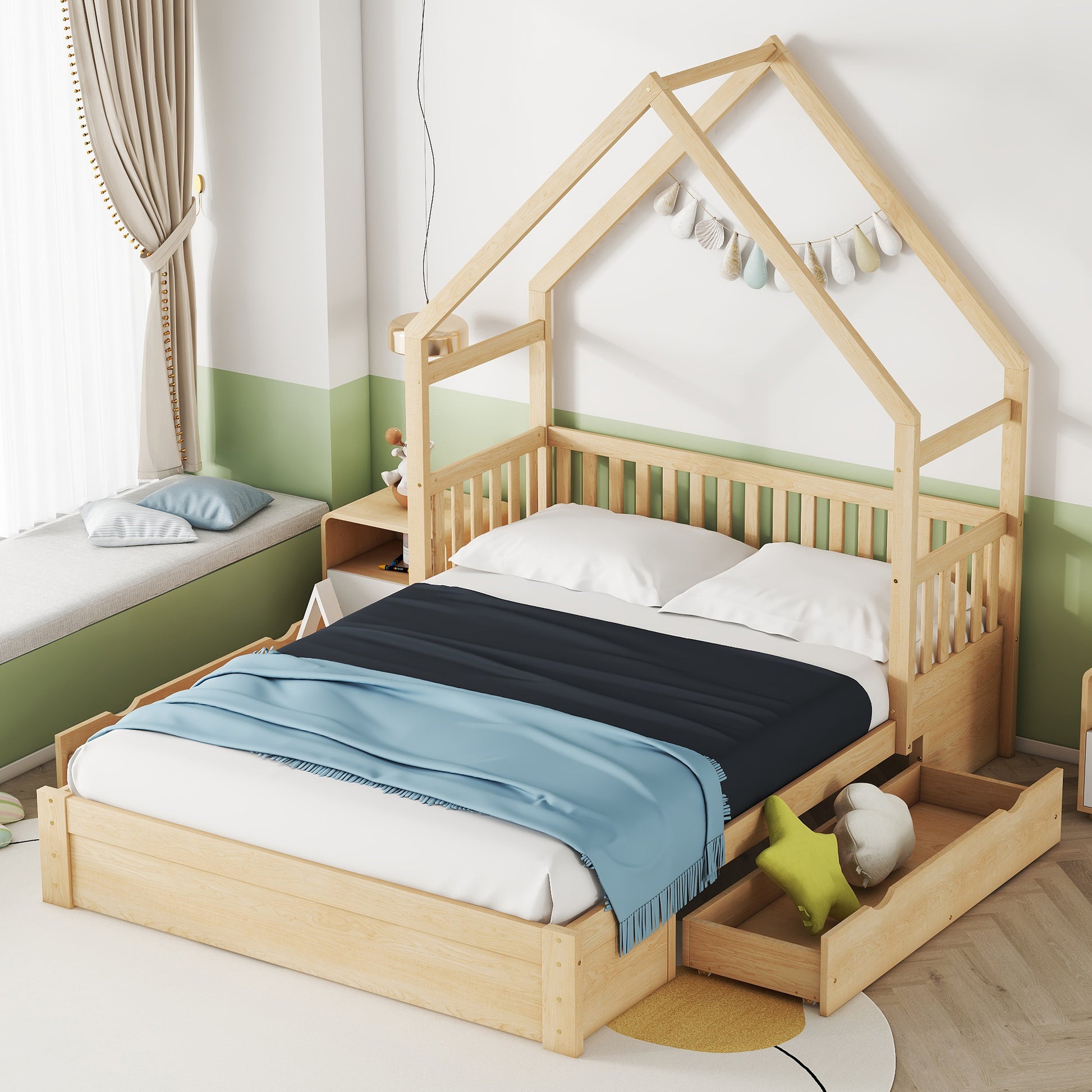 Queen House Platform Bed with Storage Drawers