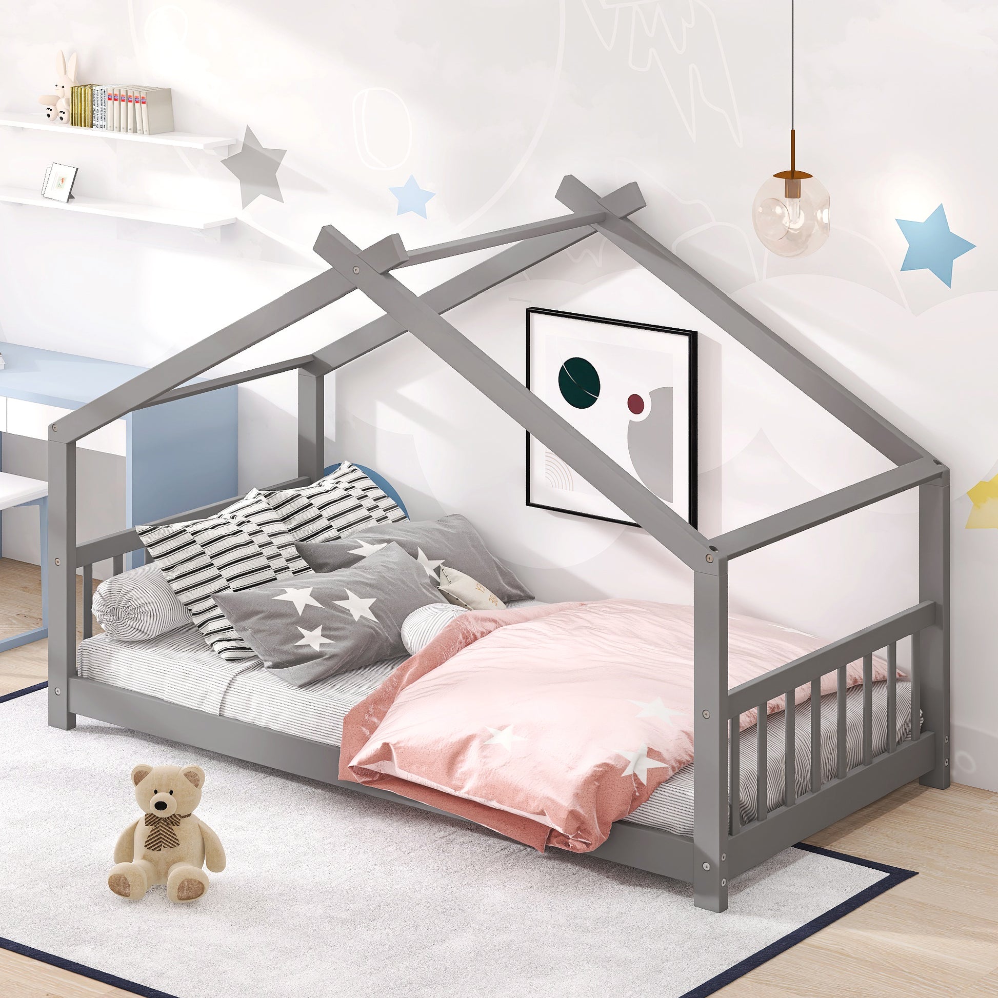 Twin House Bed Frame for Kids, Gray