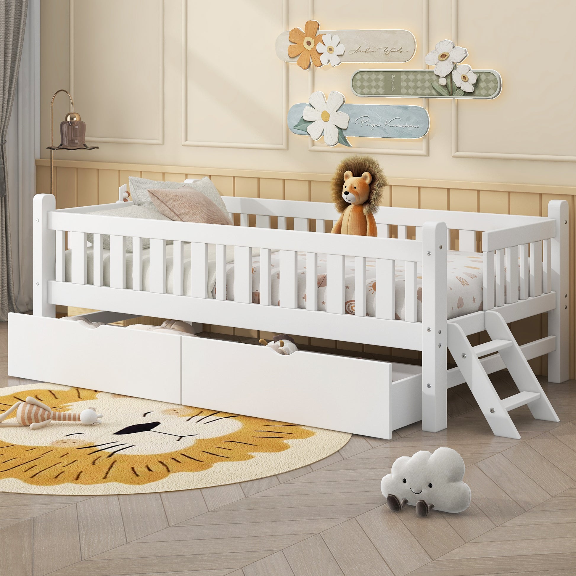 Twin Floor Bed with Full Guardrails and Side Ladder