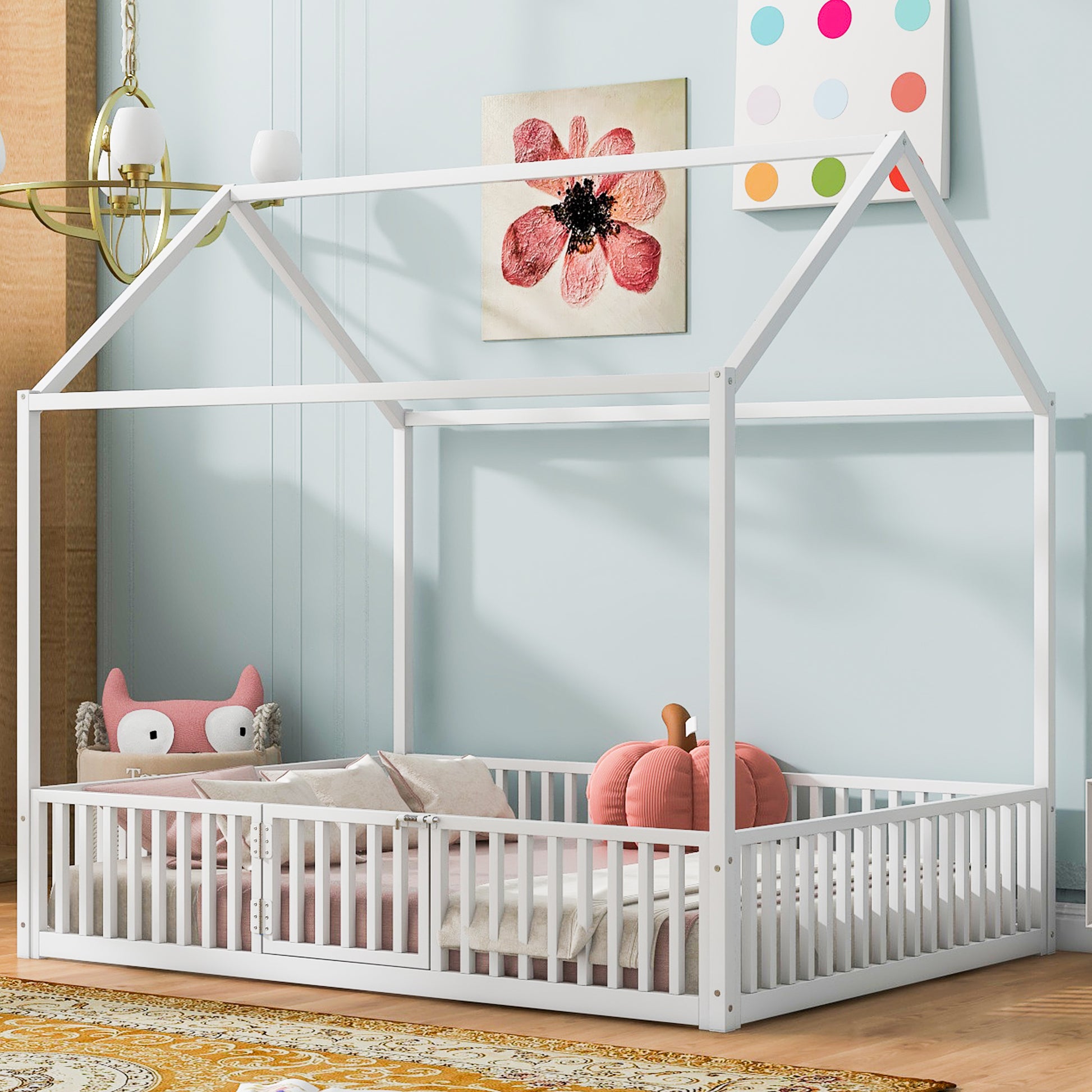 Full Size Metal House Bed with Fence