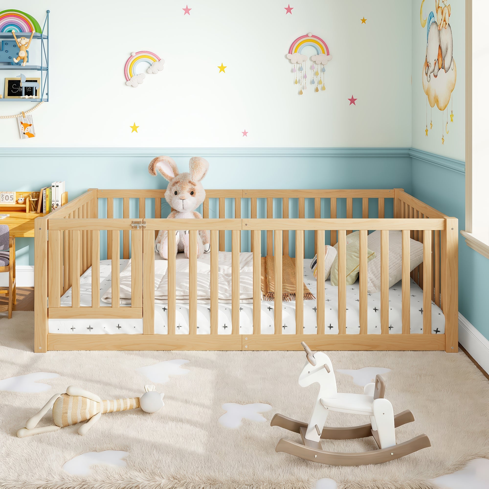Twin Size Pine Wood Floor Bed with Safety Guards
