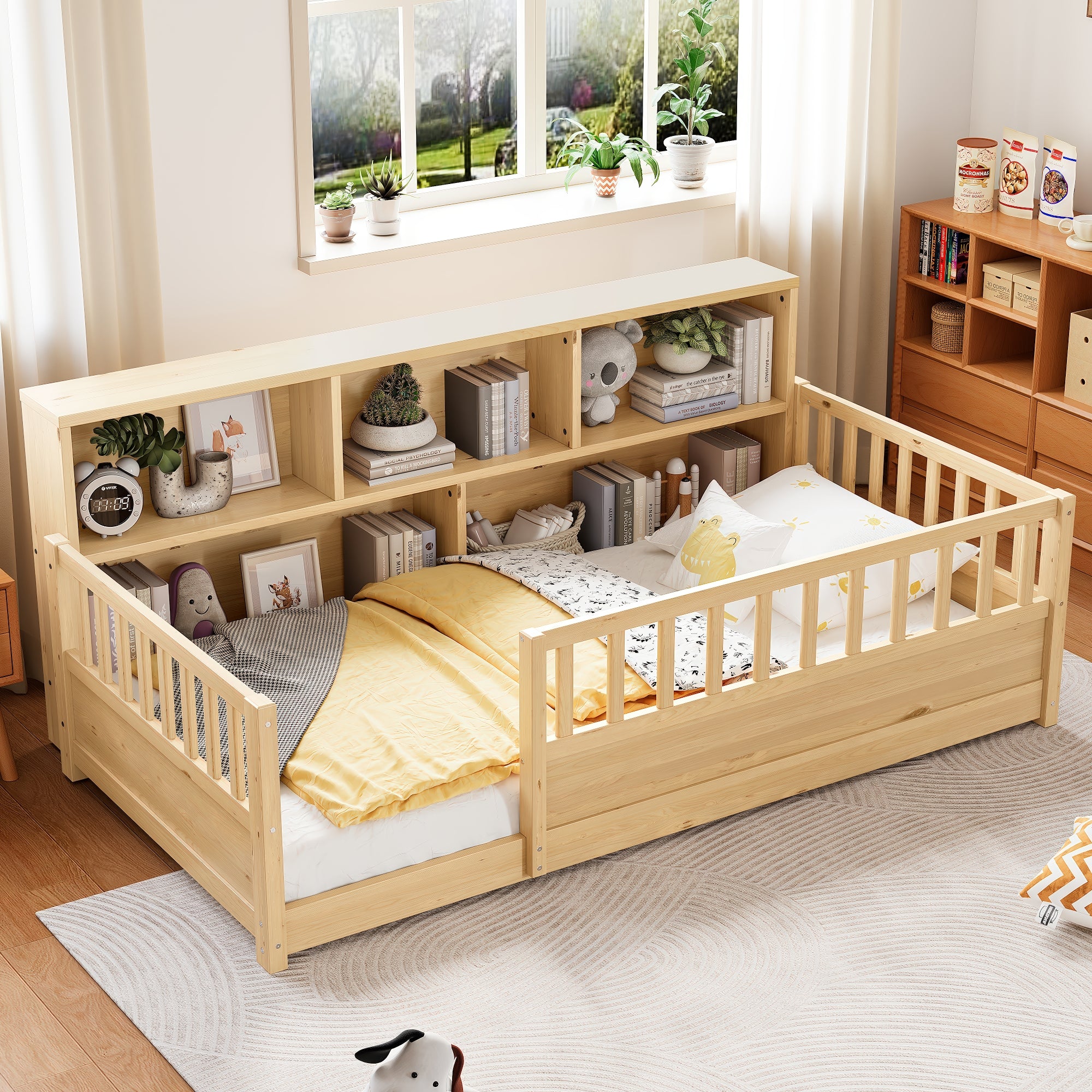 Twin Floor Bed with Bookcase and Safety Rails