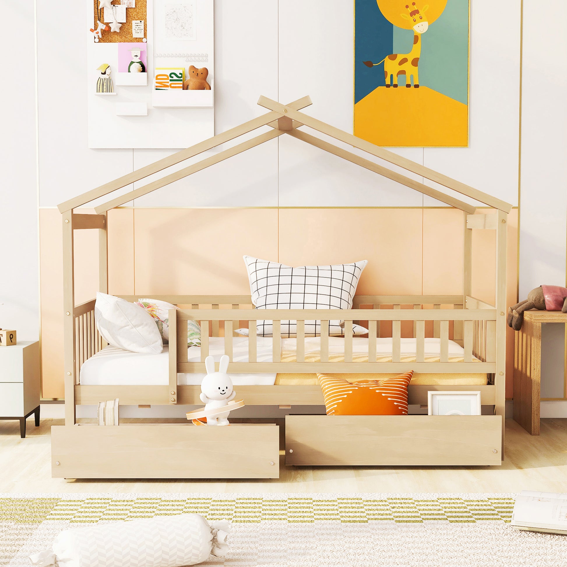 Twin Size Wood House Bed with Storage Drawers