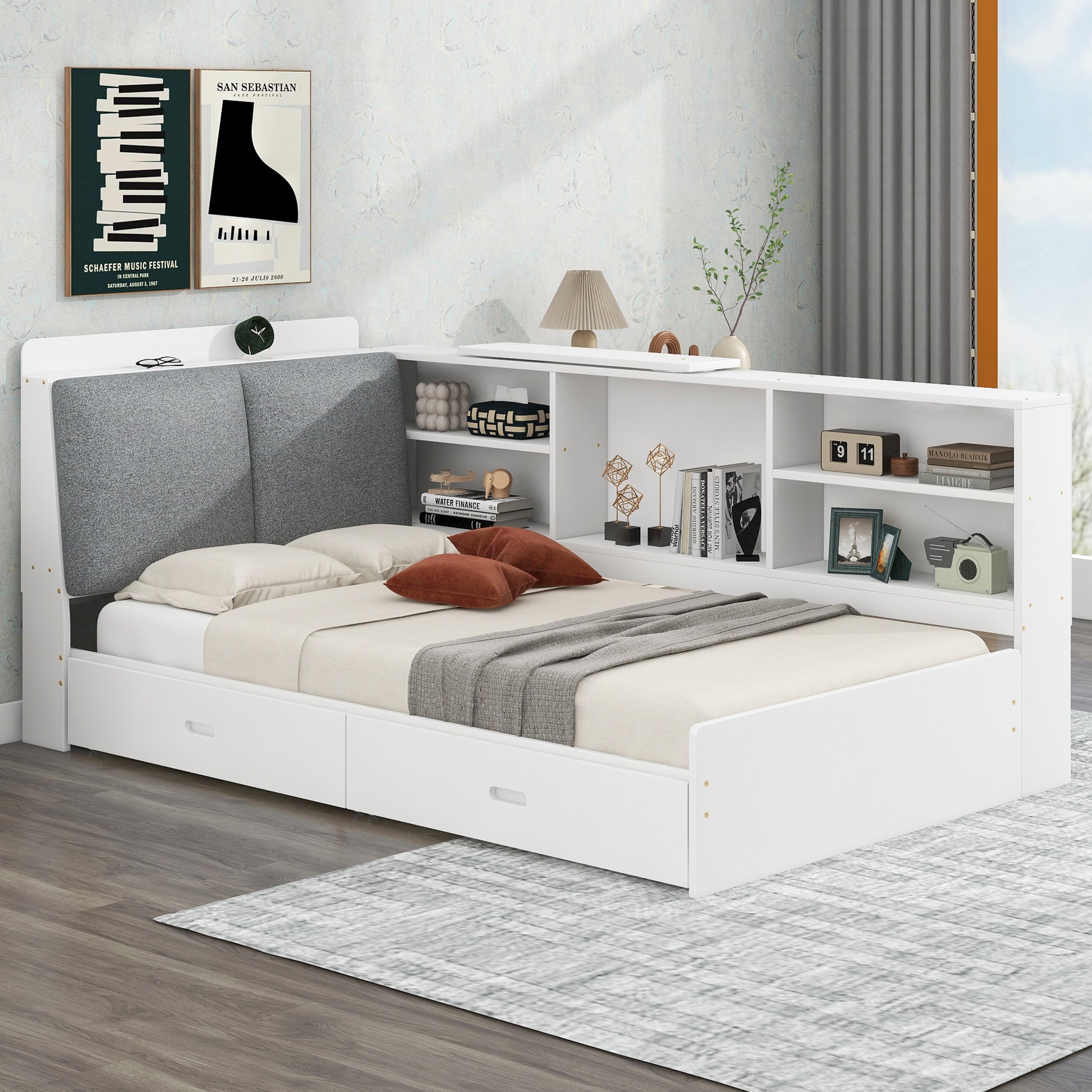 Twin Platform Bed with Bookcase Headboard and Drawer