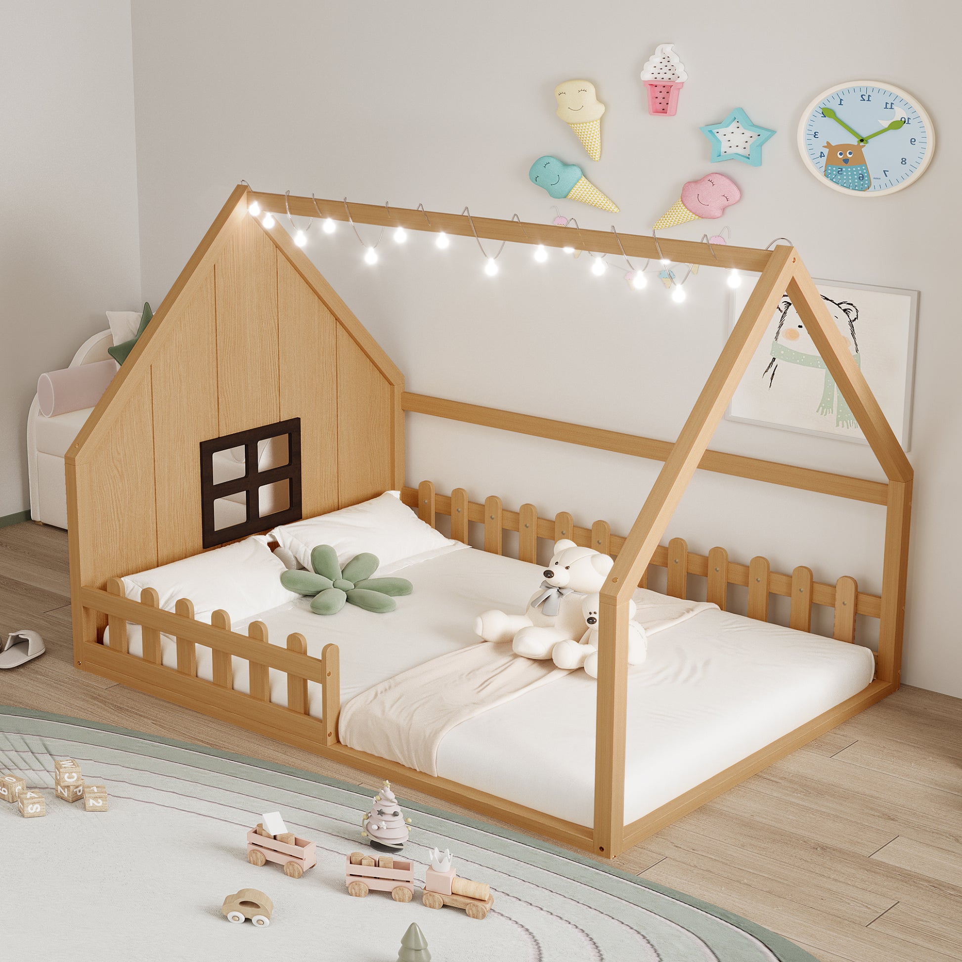 Full Size Wood House Bed with Fence
