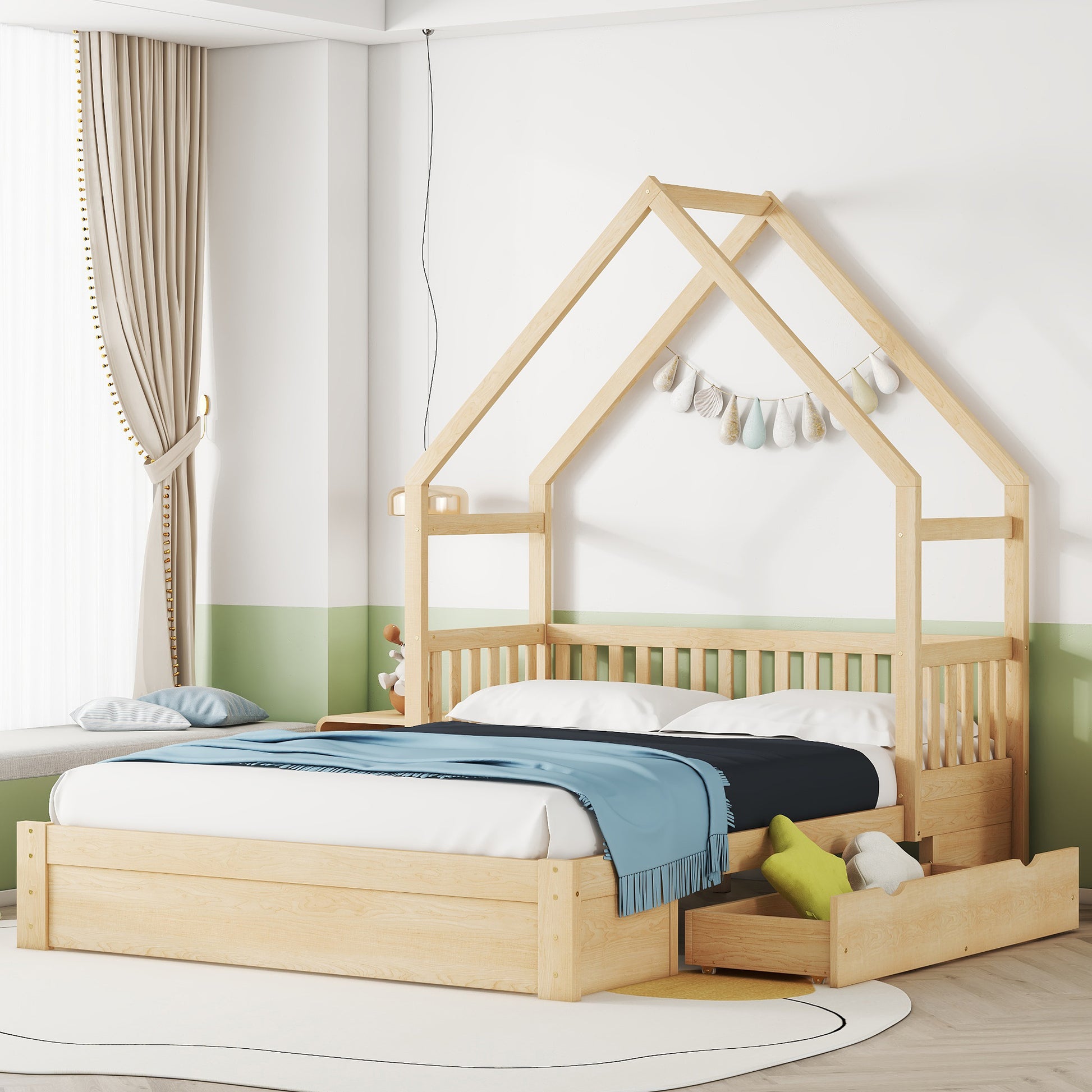 Queen House Platform Bed with Storage Drawers