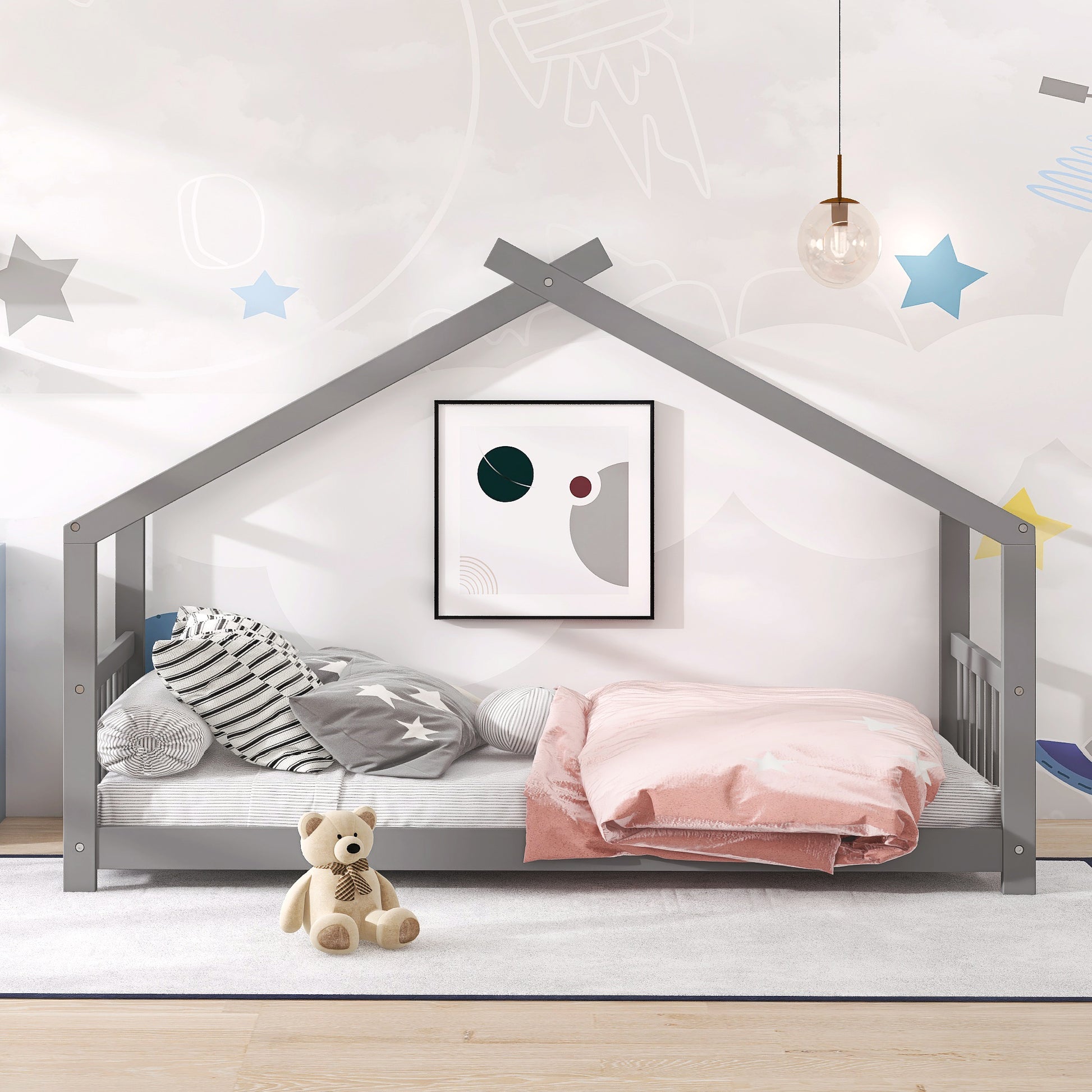 Twin House Bed Frame for Kids, Gray