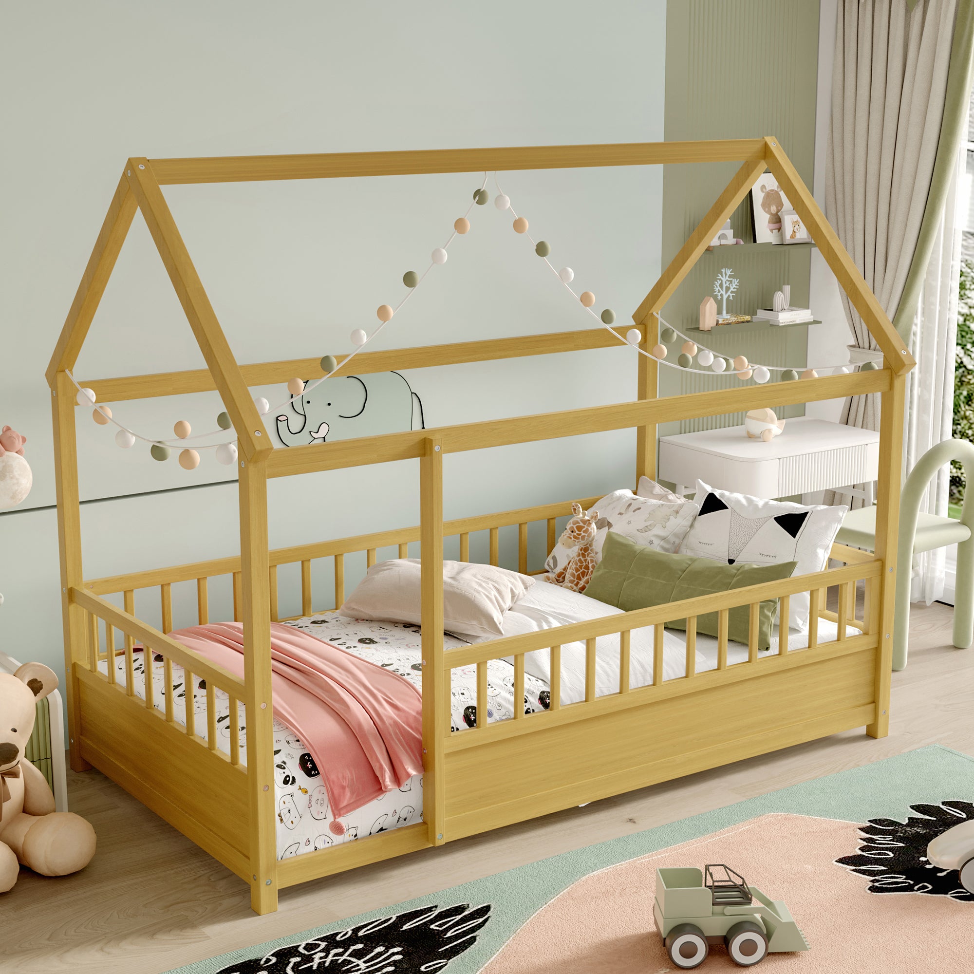 Twin Size Pine House Floor Bed with Safety Rails