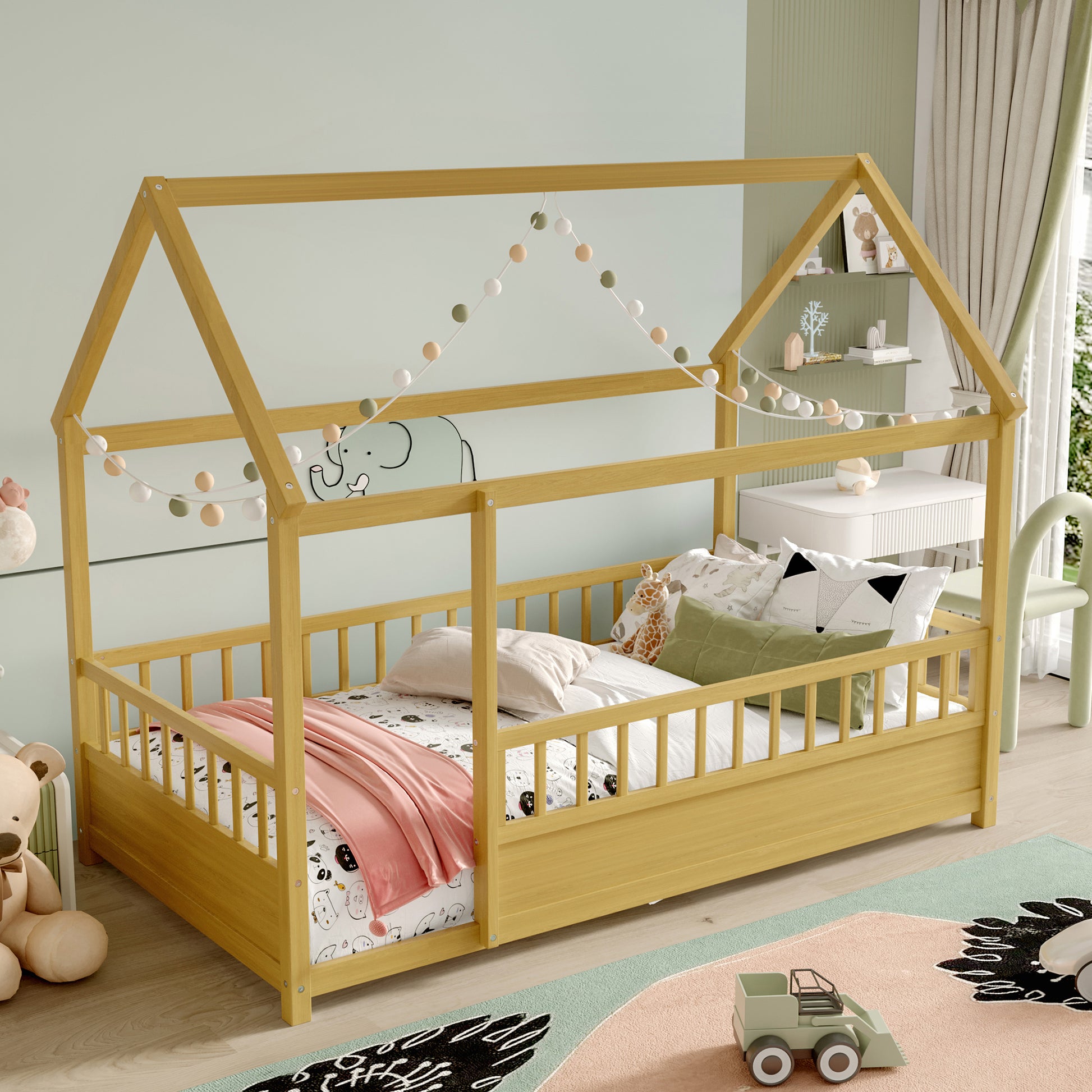 Twin Size Pine House Floor Bed with Safety Rails
