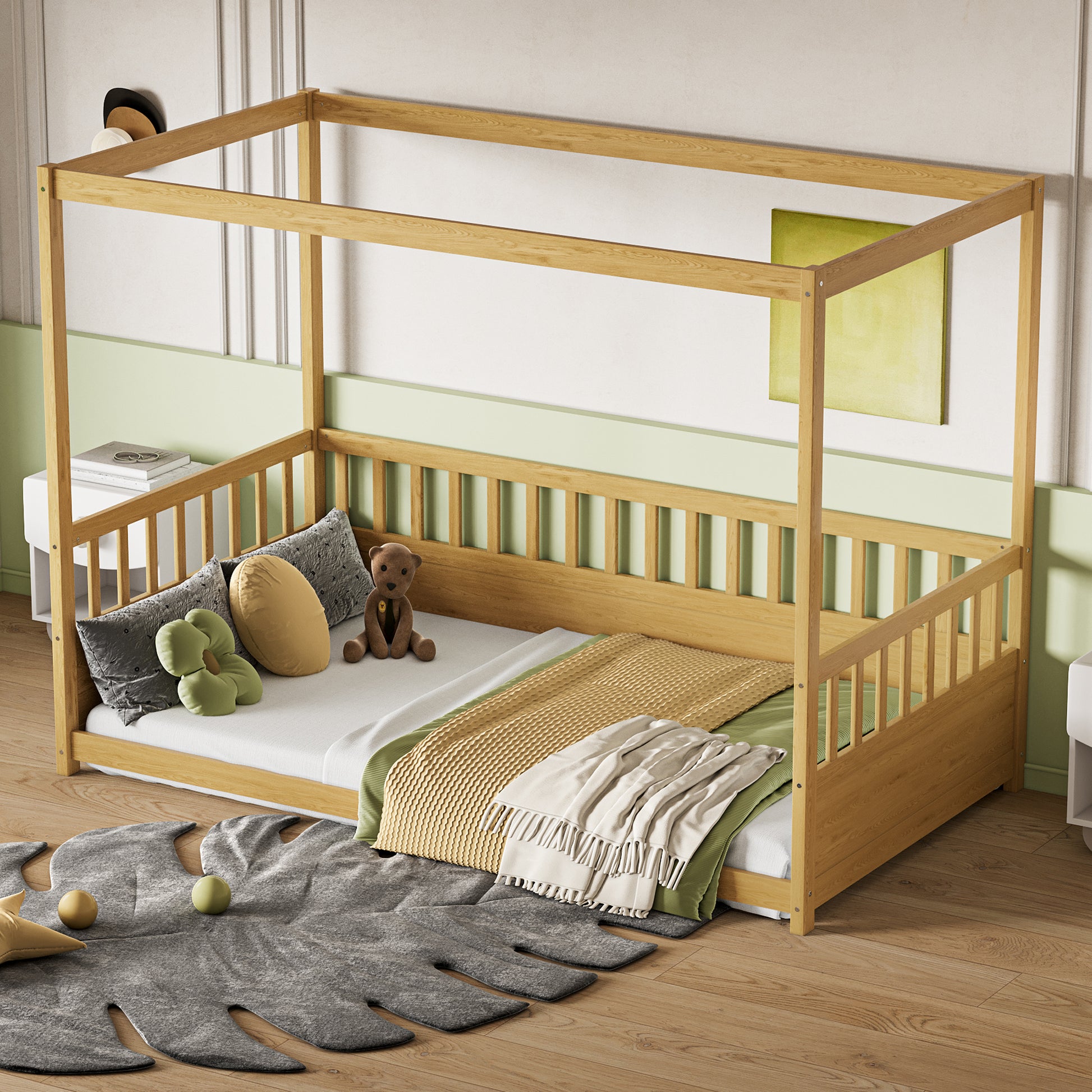 Twin Pine Canopy Floor Bed with Three-Side Rails