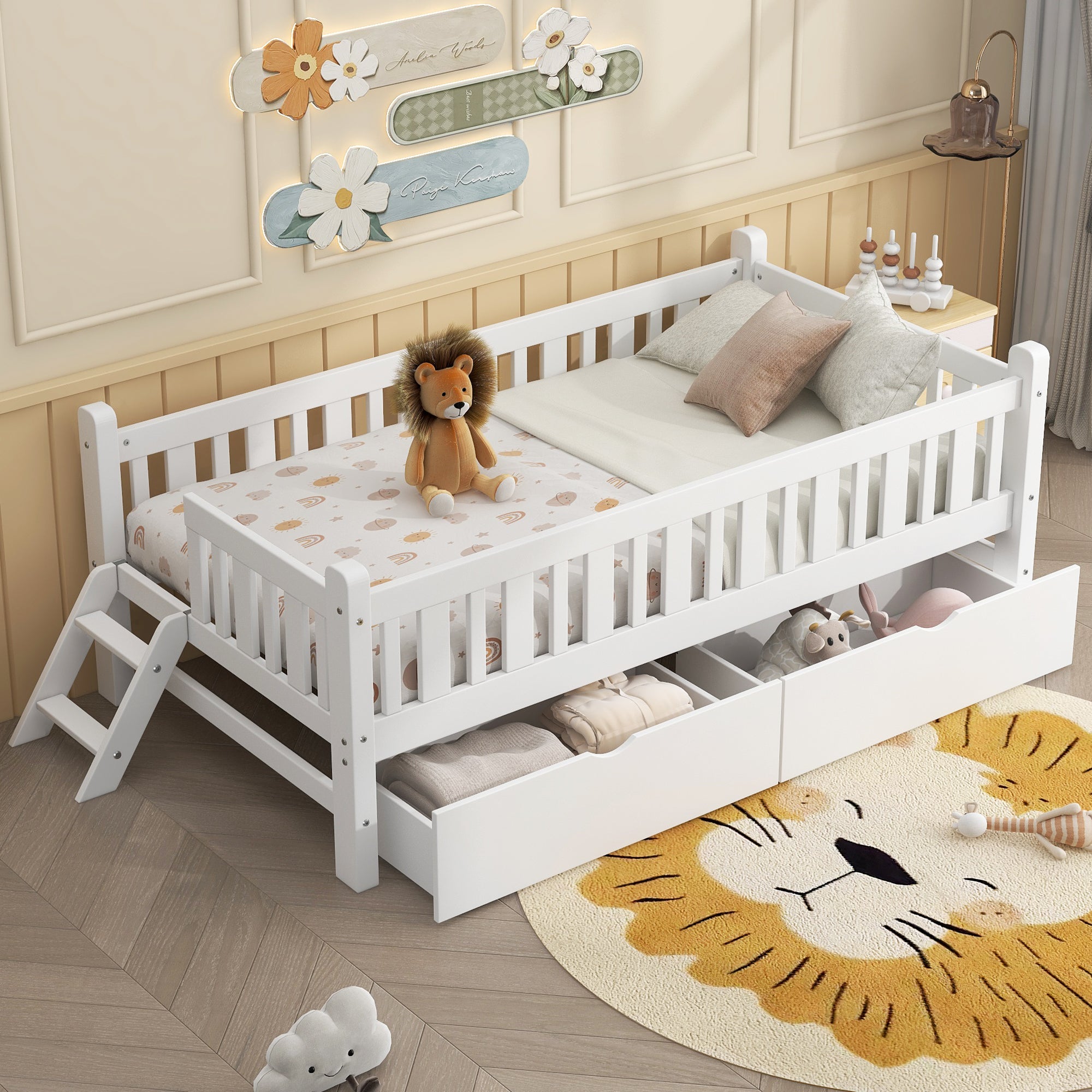 Twin Low Platform Bed with Guardrails and Drawer
