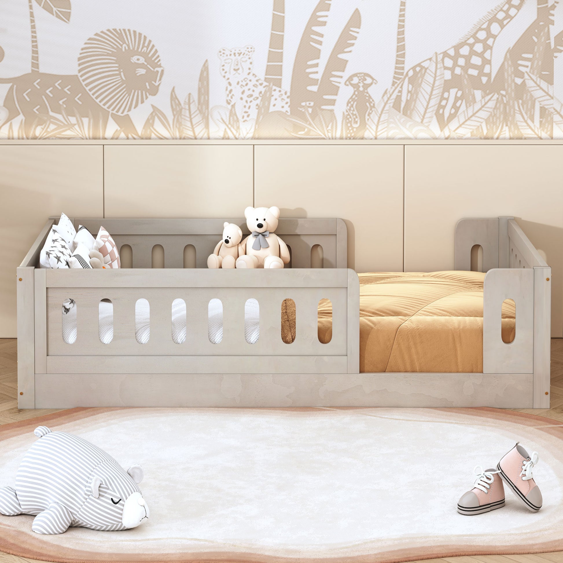 Twin Size Wood Floor Bed Frame with Guardrails