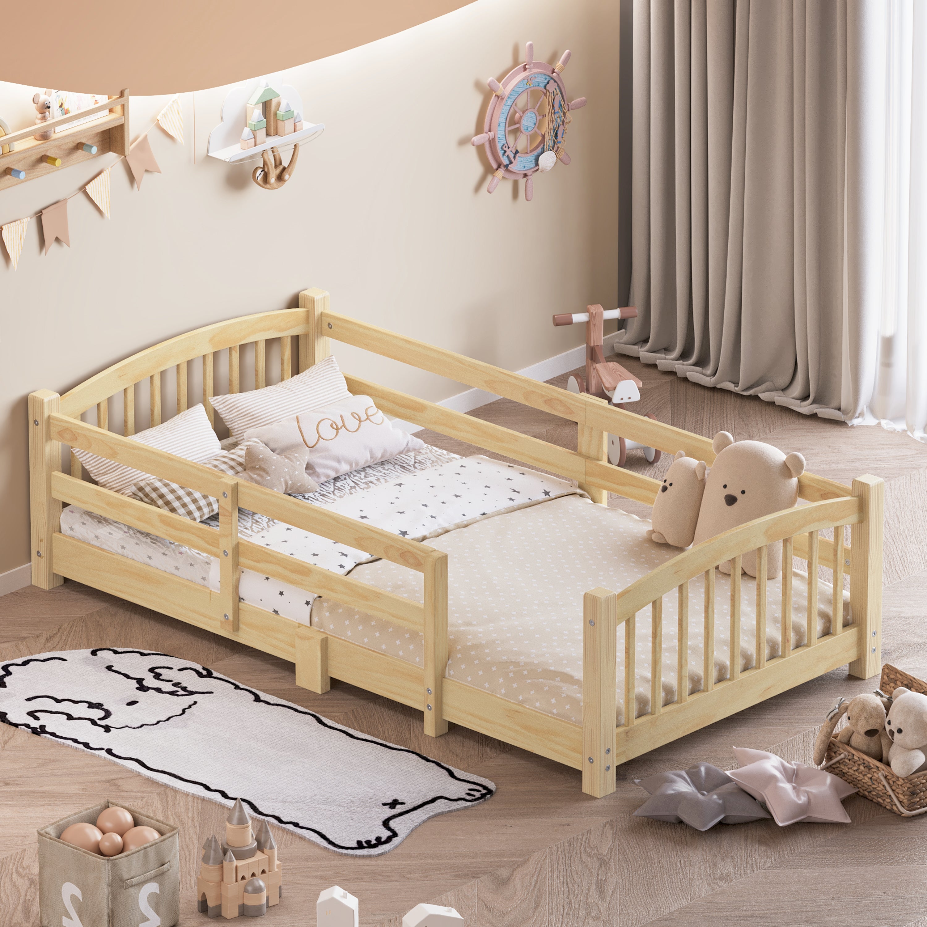 Twin Montessori Floor Bed with Slats and Guardrails