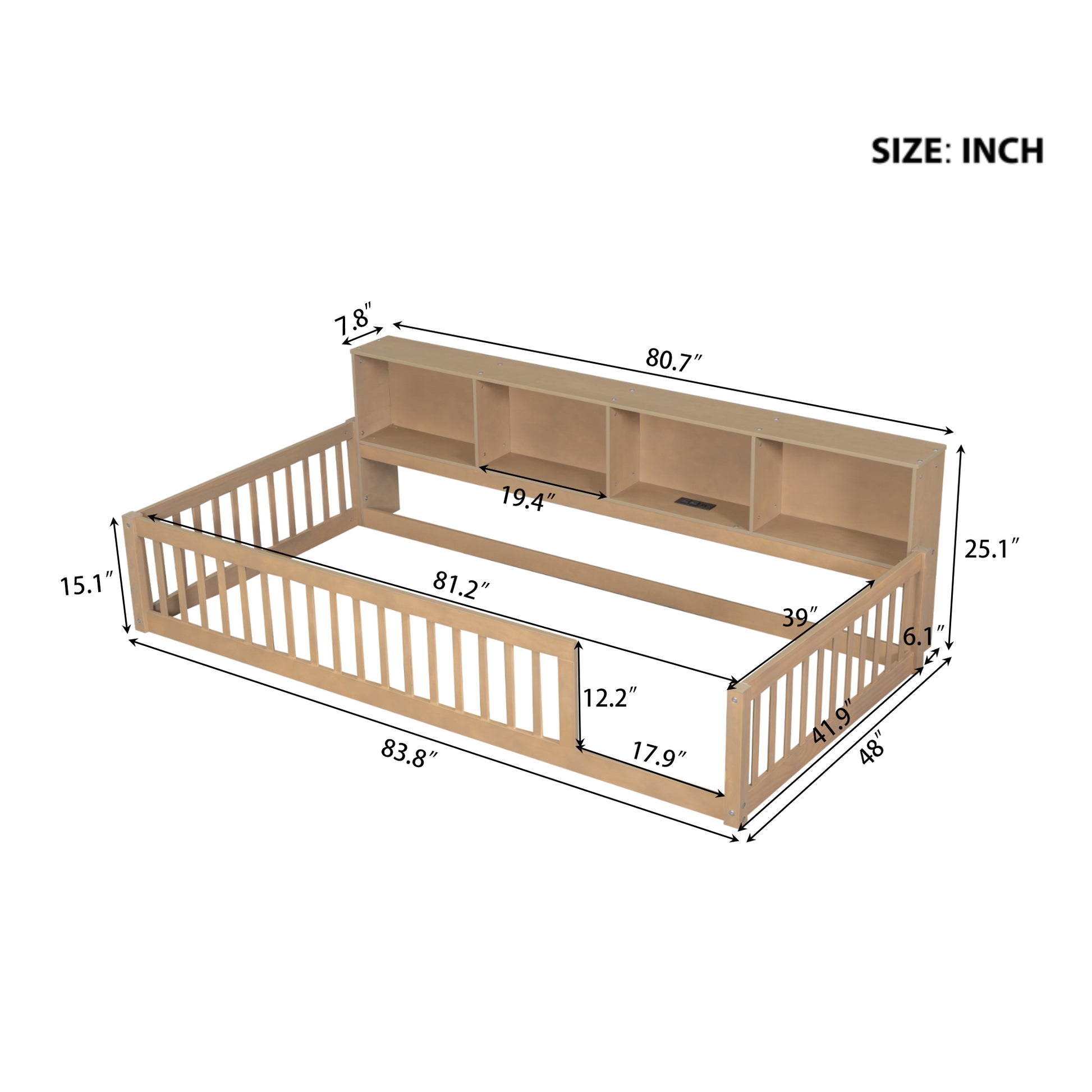 Twin XL Wood Floor Bed with Storage Shelves
