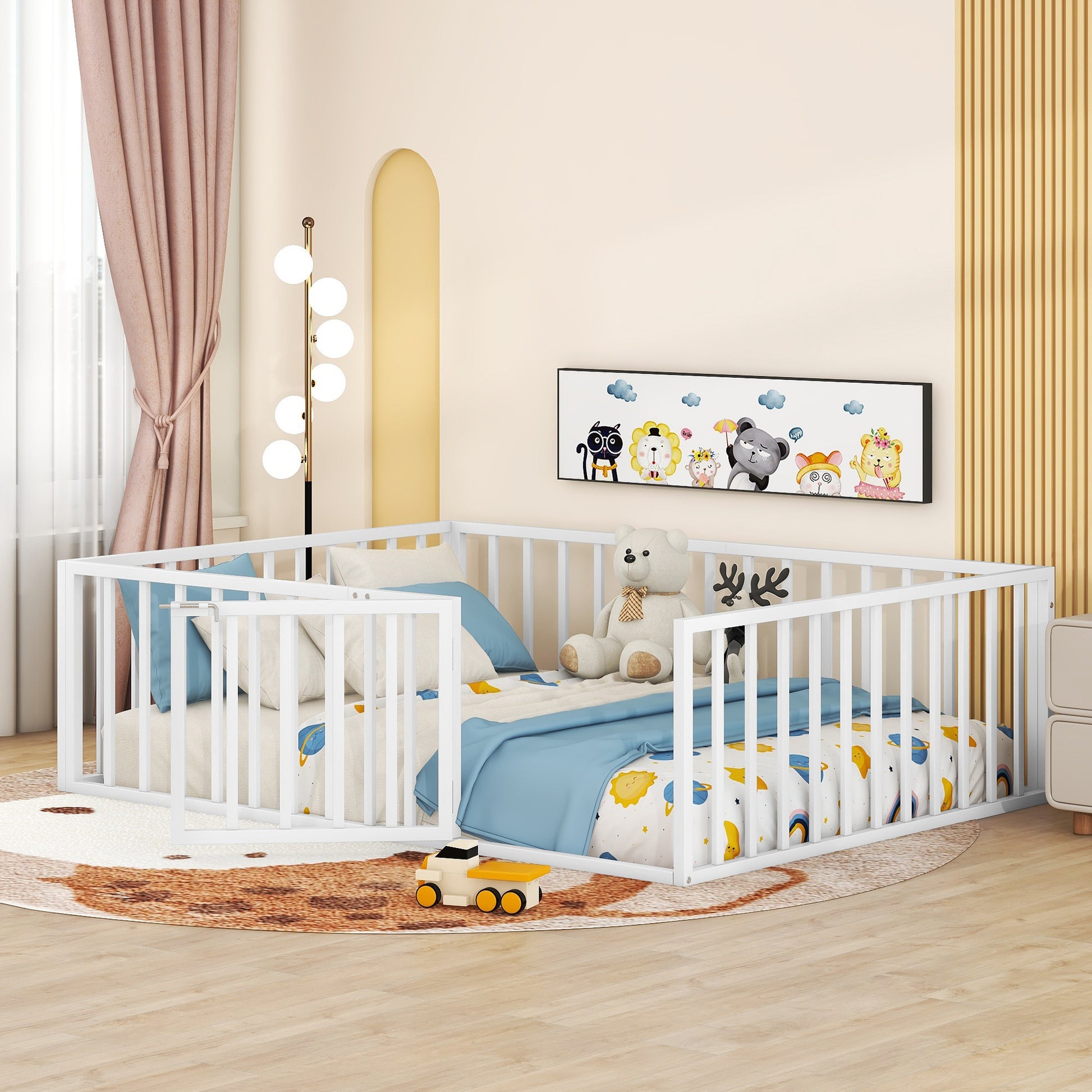 Full Size Metal Floor Bed Frame with Fence
