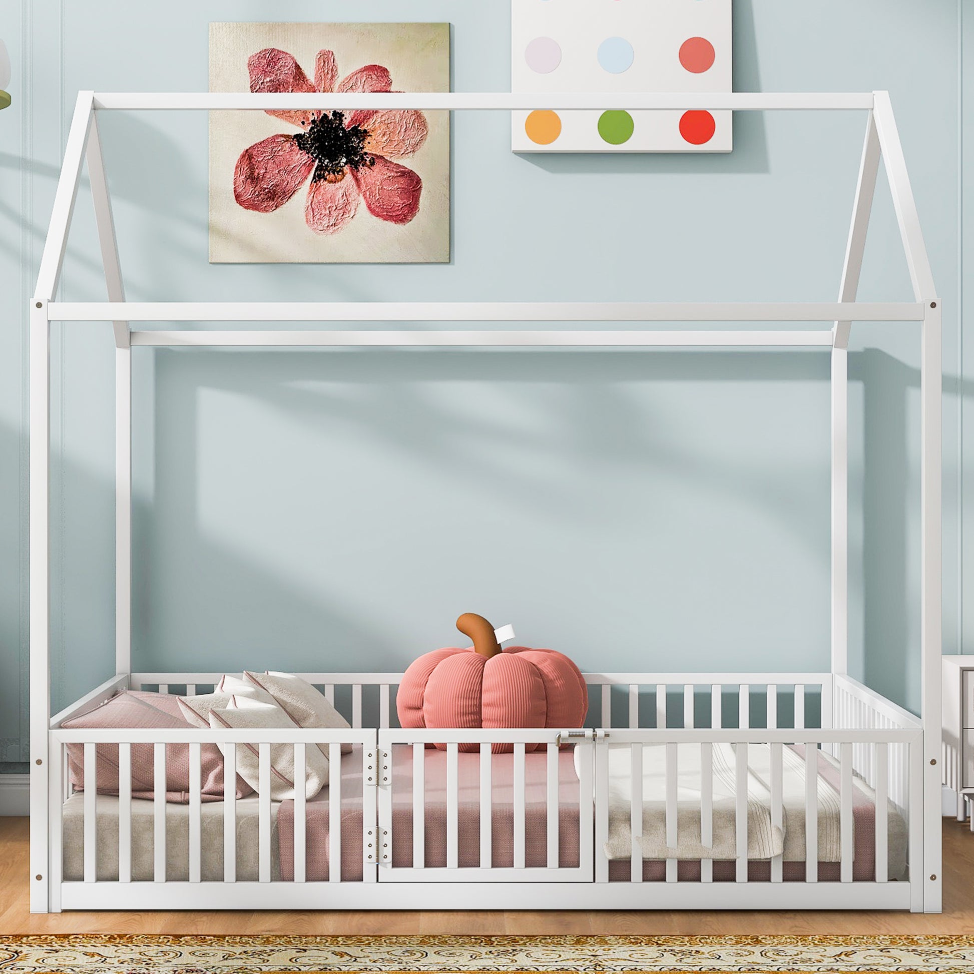 Full Size Metal House Bed with Fence