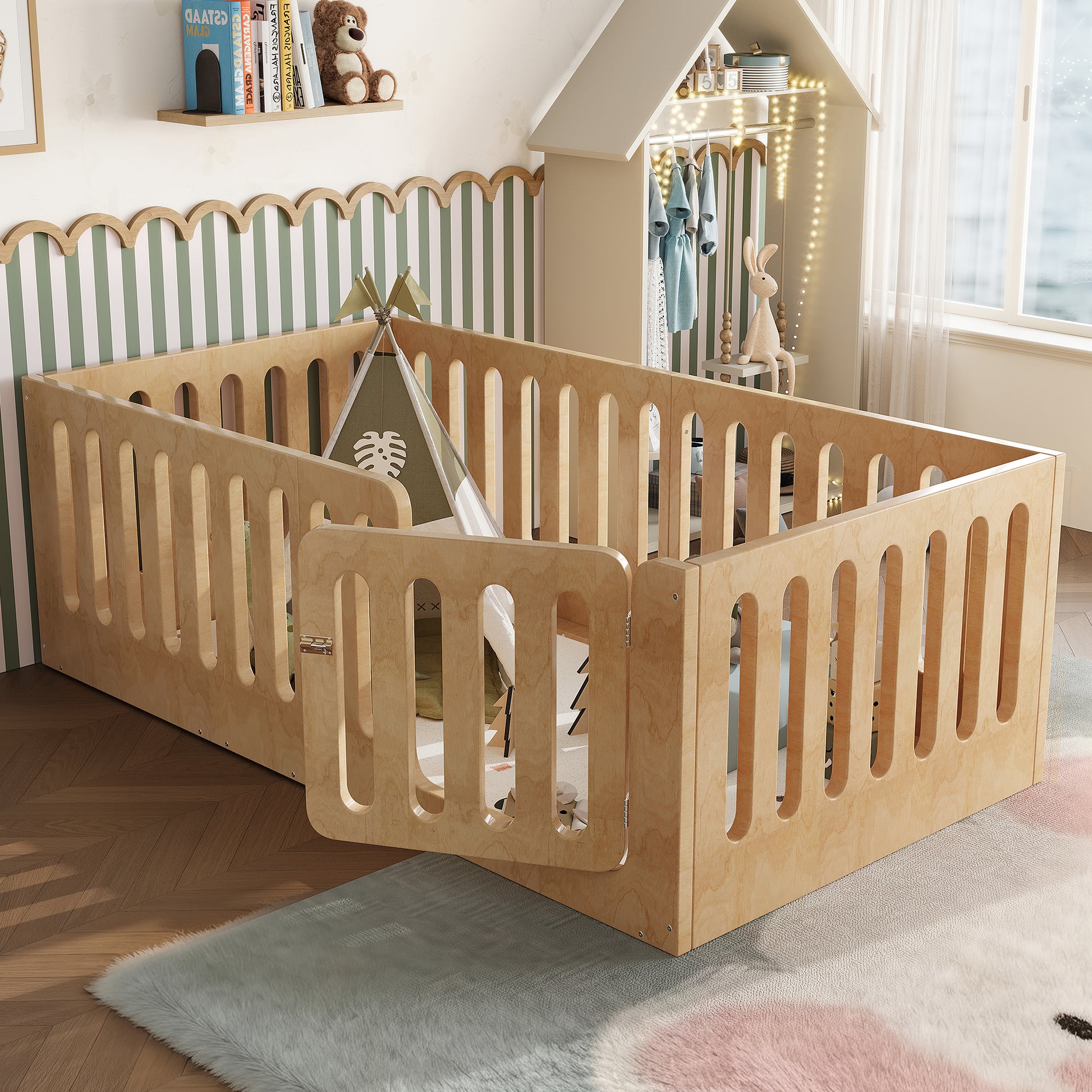 Twin Size Plywood Floor Bed with High Fence and Door