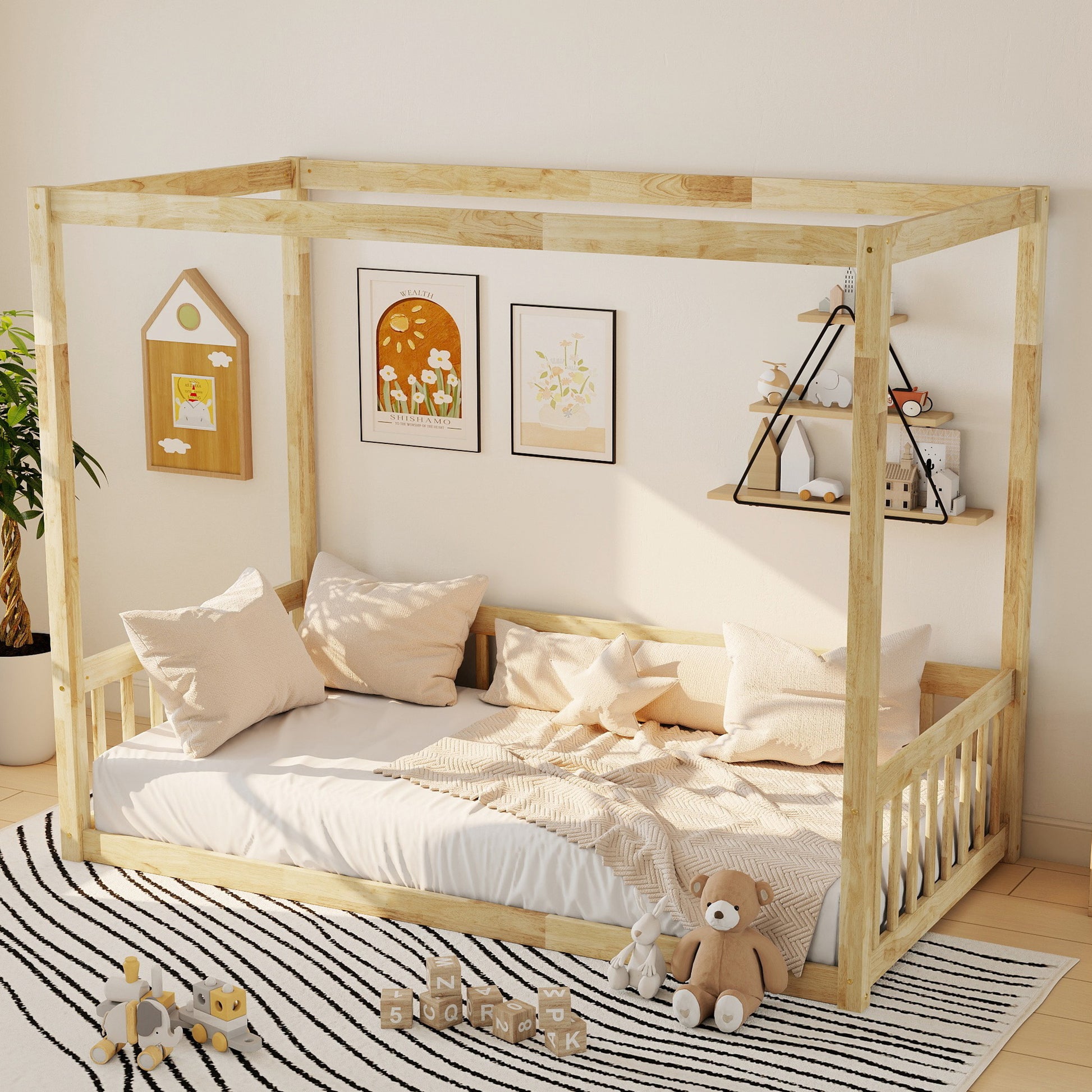 Twin Canopy Floor Bed with Fence, Rubber Wood