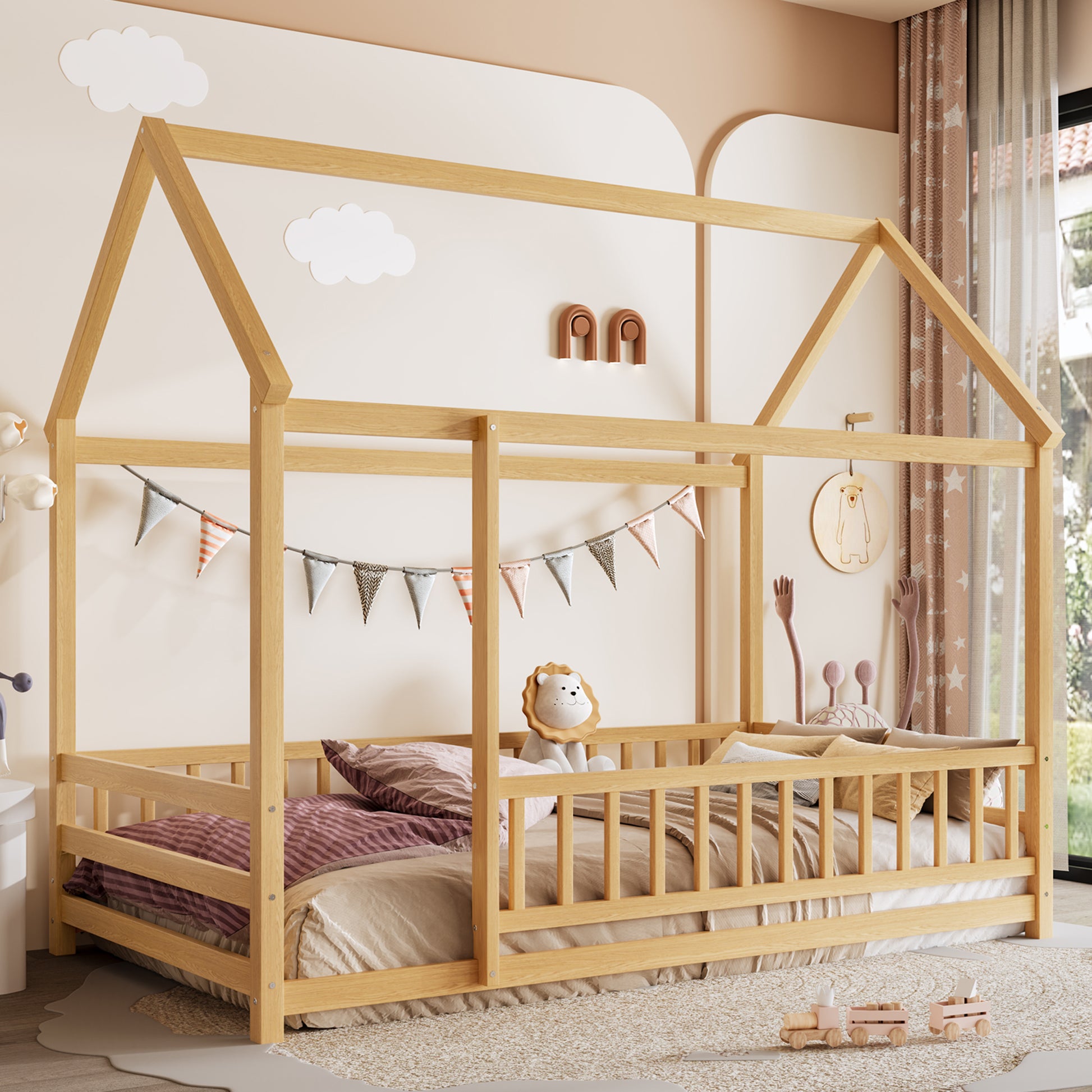 Twin Pine House Floor Bed with Full Guardrails