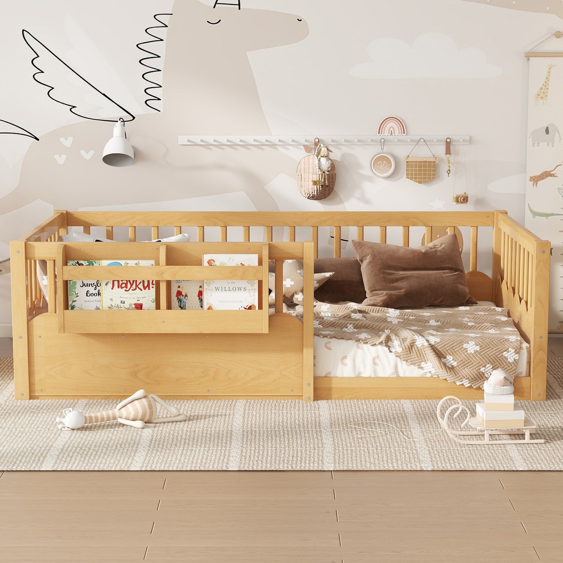 Twin Floor Bed with Heightened Fence and Drawers