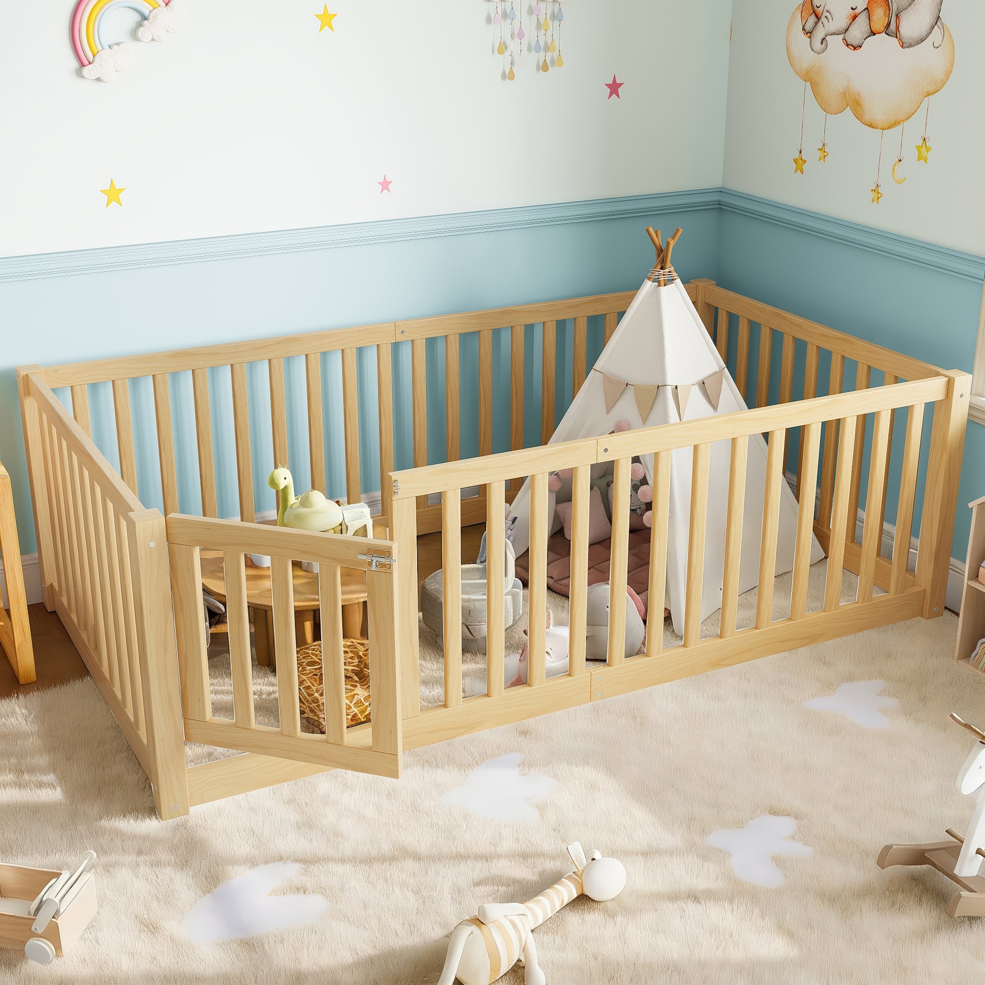 Twin Size Pine Wood Floor Bed with Safety Guards