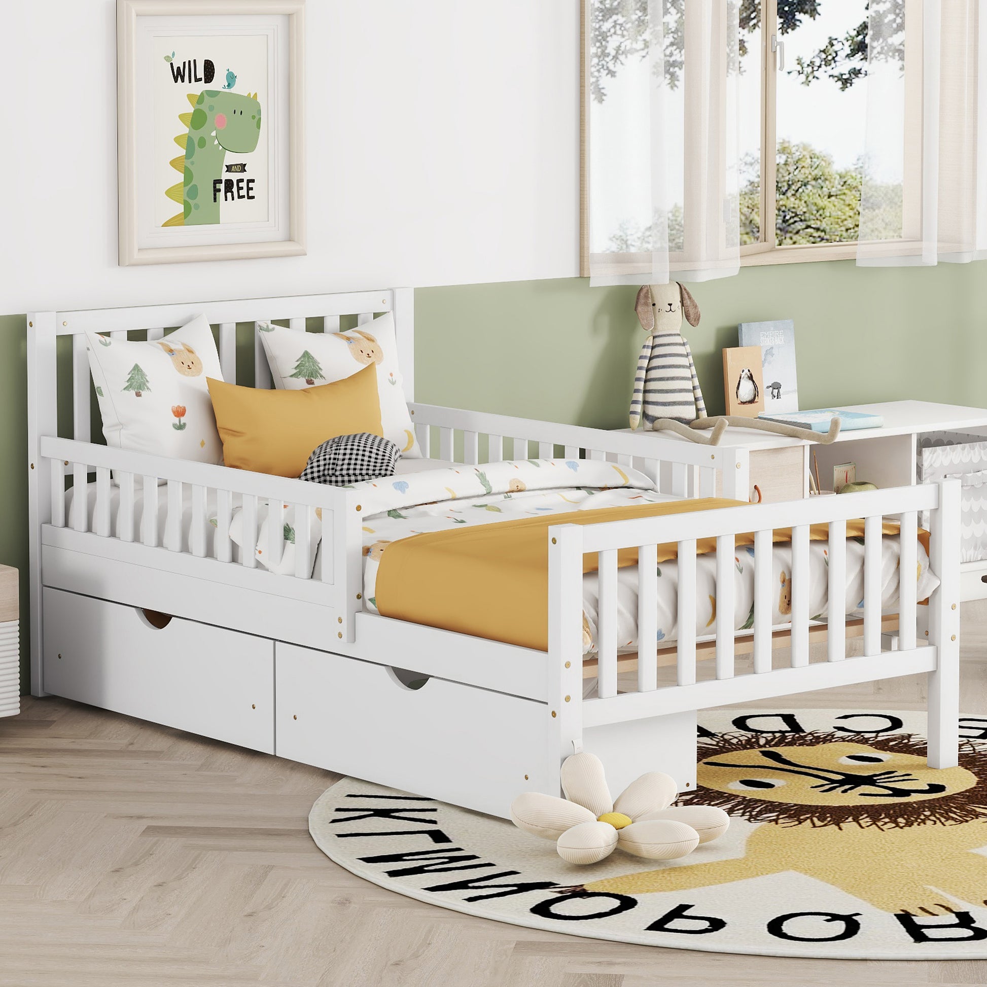 Twin Platform Bed with Guardrails and 2 Storage Drawers