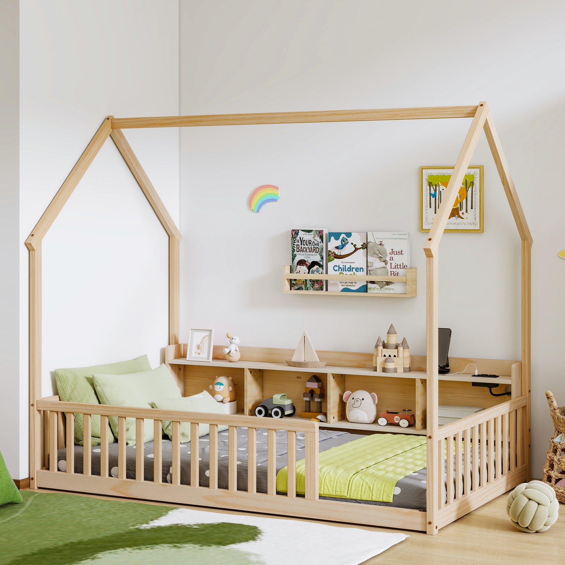 Twin House Floor Bed with Storage, LED Light and Charging