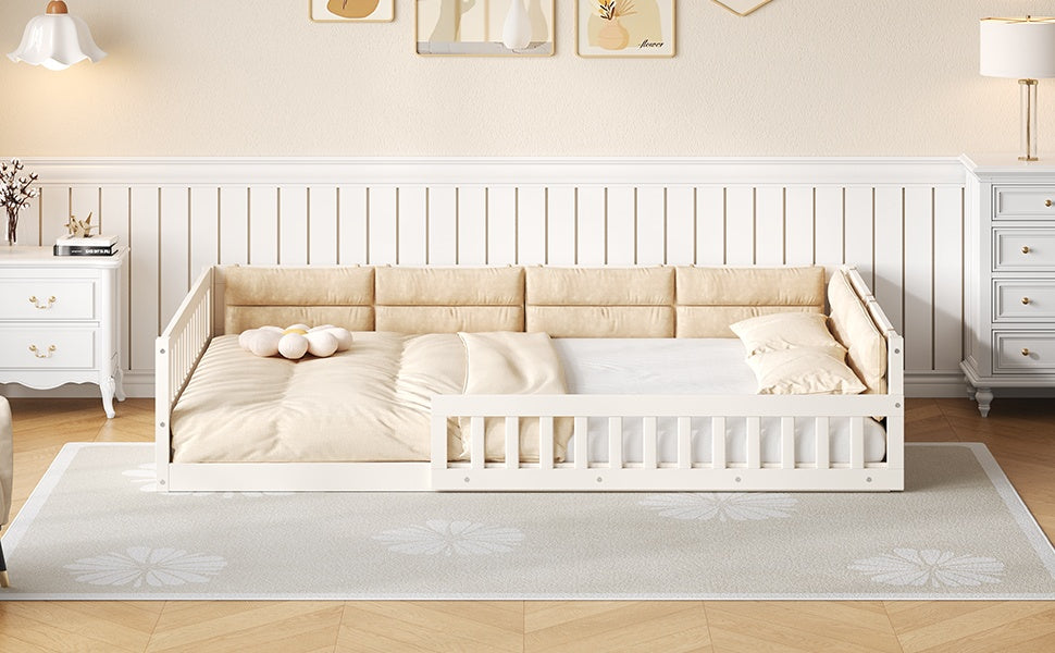 Full Size Wood Floor Bed Frame with Safety Rails