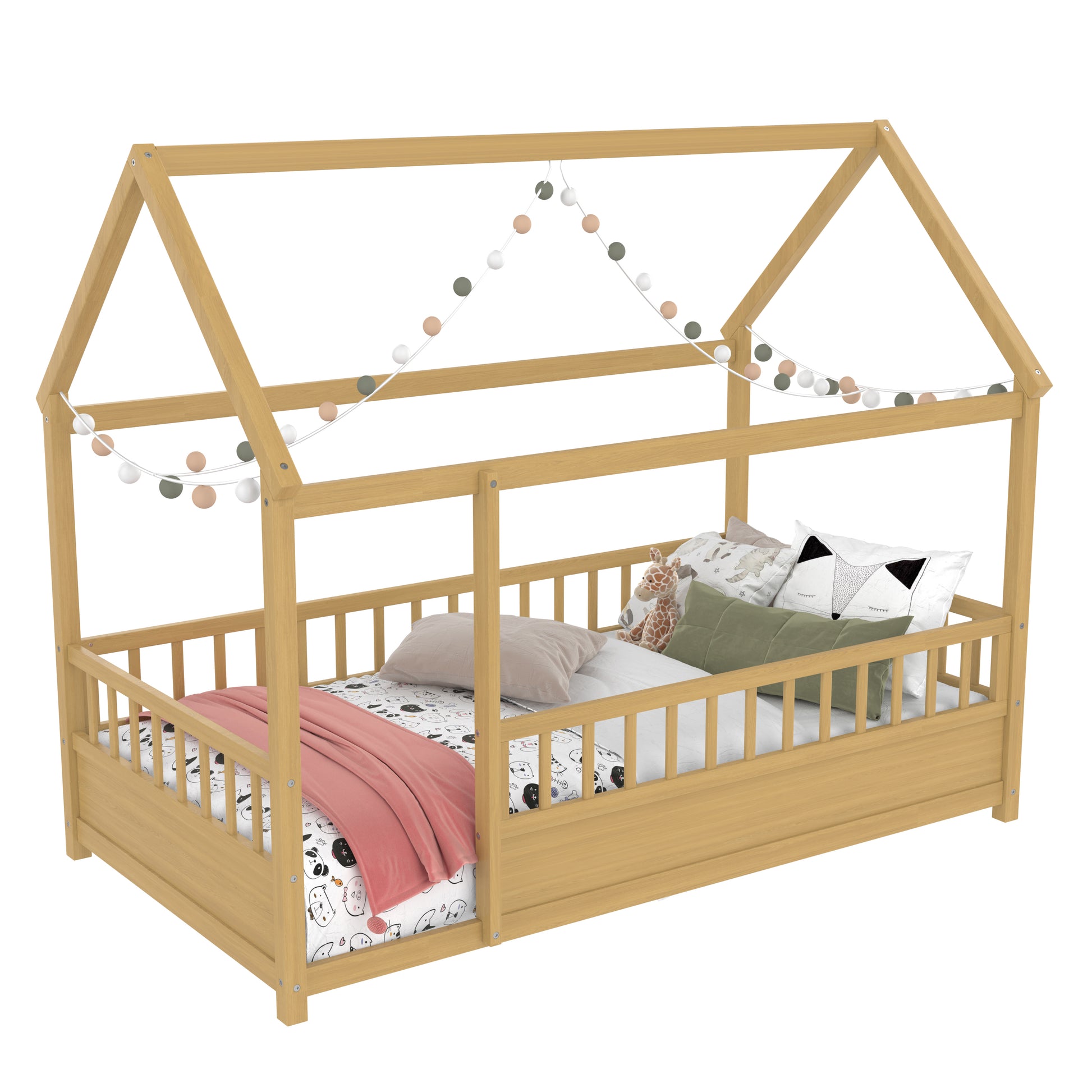 Twin Size Pine House Floor Bed with Safety Rails