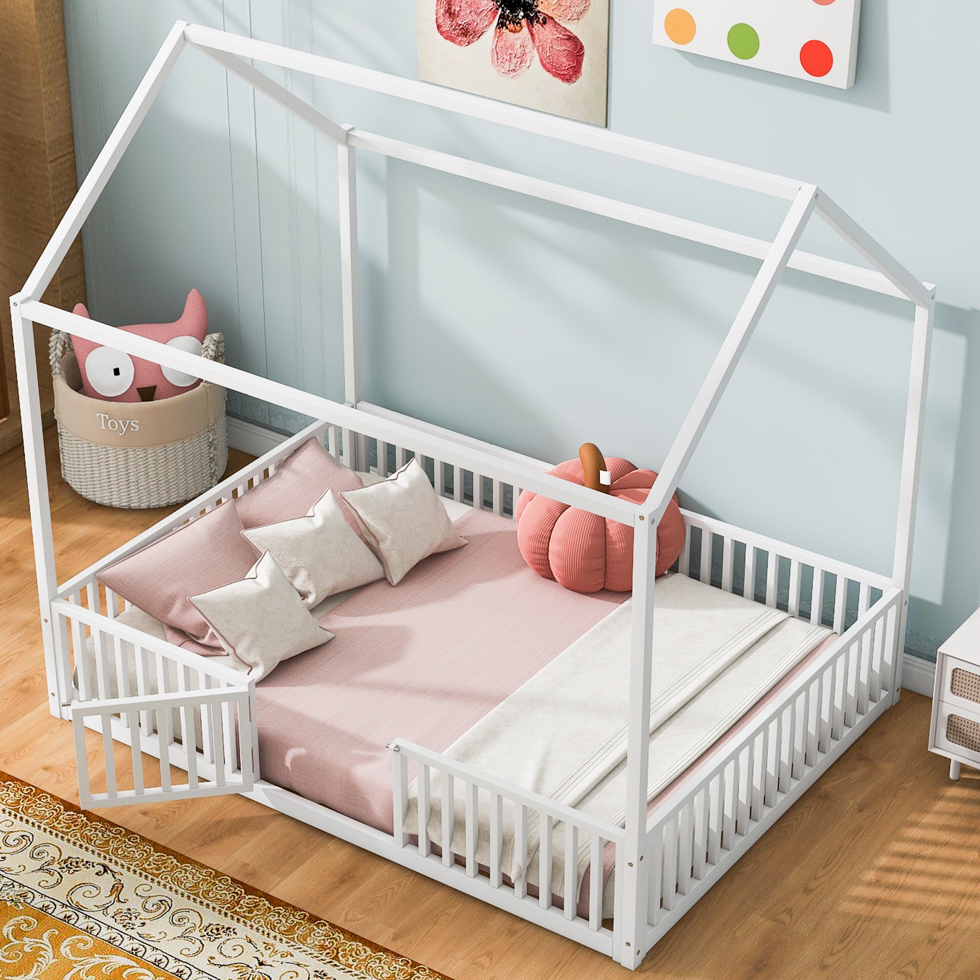 Full Size Metal House Bed with Fence