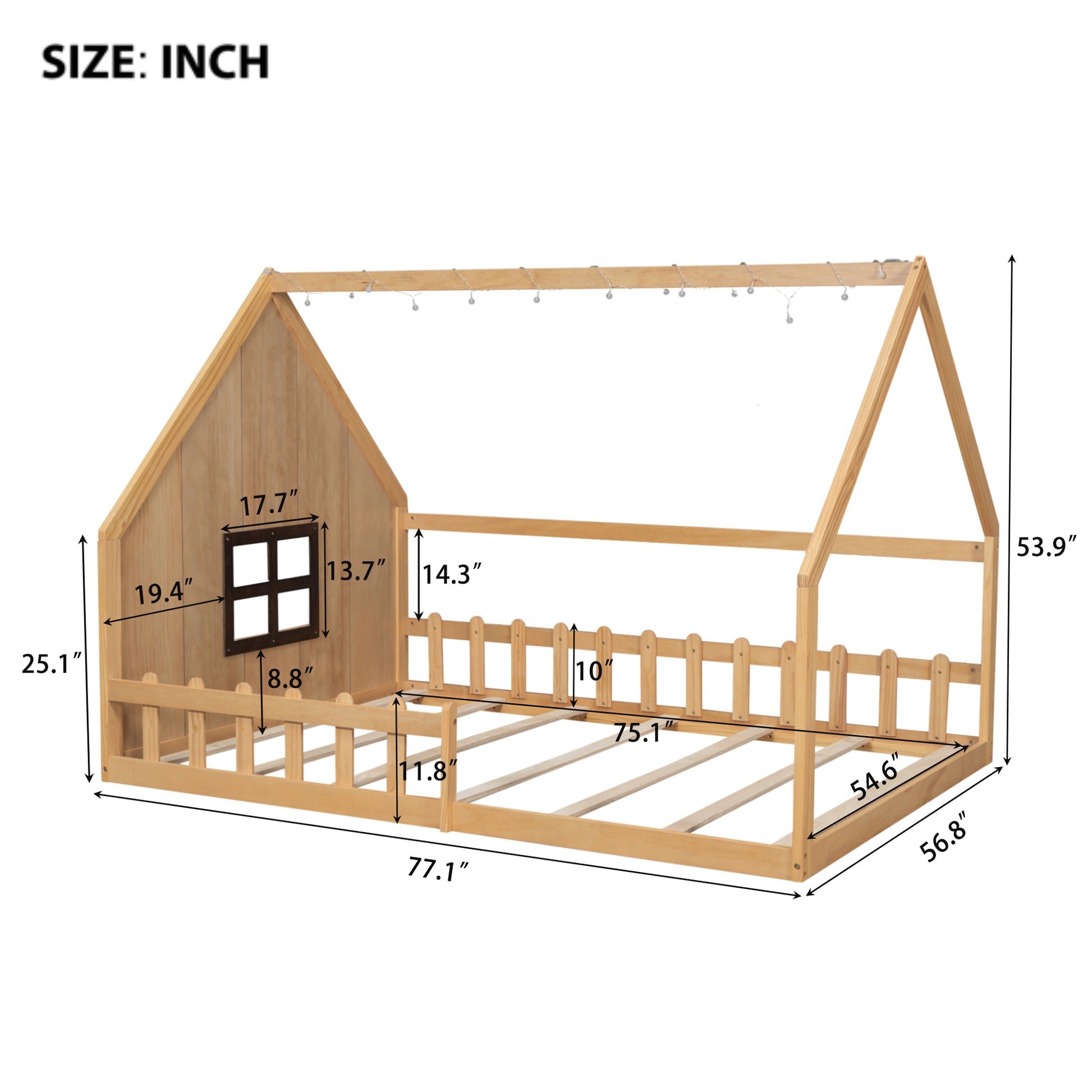 Full Size Wood House Bed with Fence